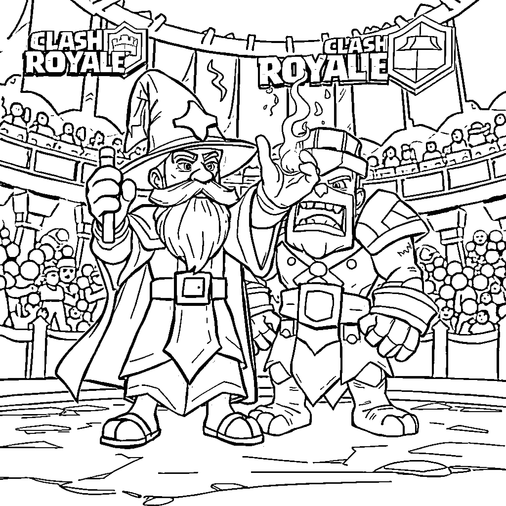 Wizard characters in Clash Royale arena Coloring Page (free black-and-white line drawing printable PDF for all, from beginners to advanced learners, including children, teens, adults, and seniors)