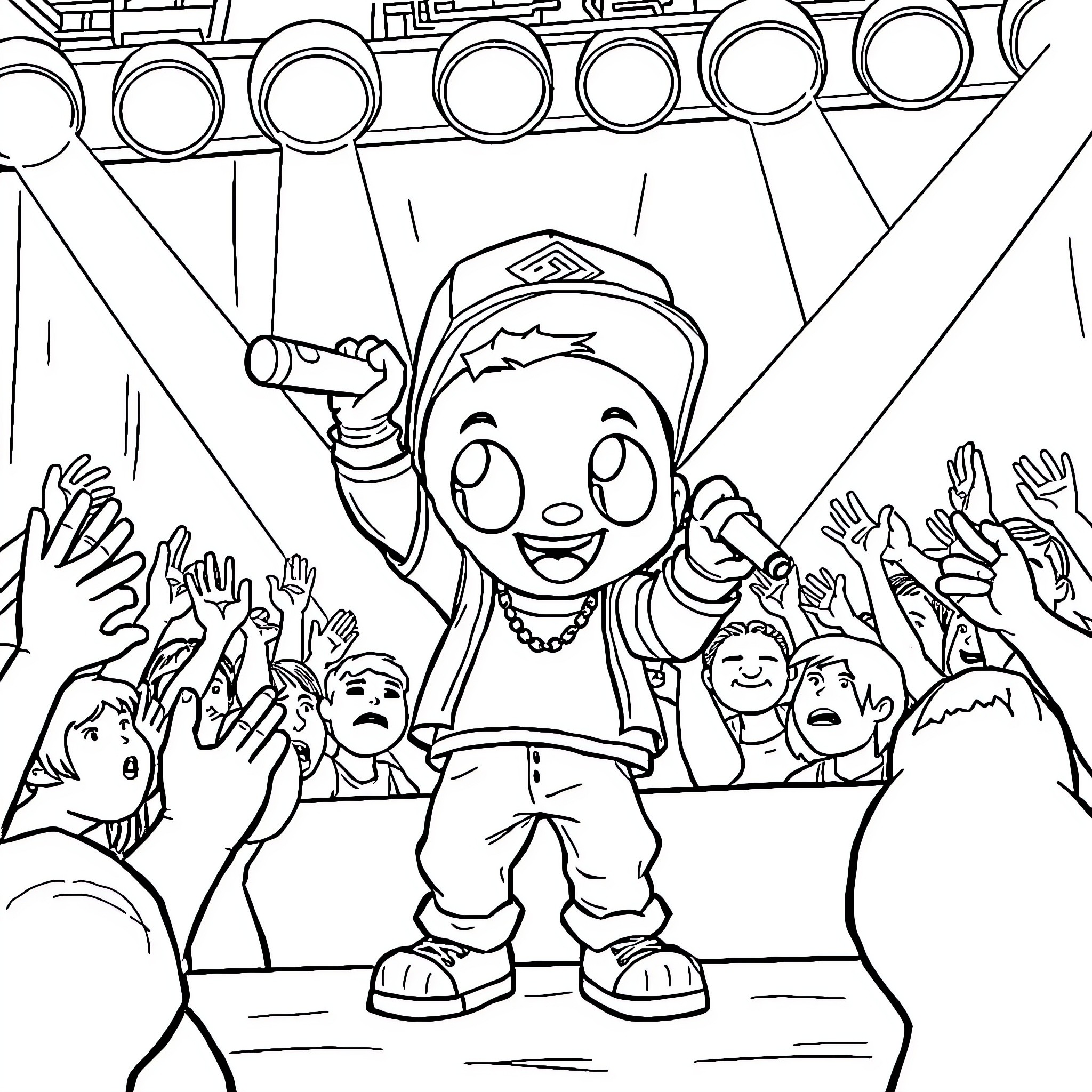 Chucki performs on stage with enthusiastic crowd Coloring Page (free black-and-white line drawing printable PDF for all, from beginners to advanced learners, including children, teens, adults, and seniors)
