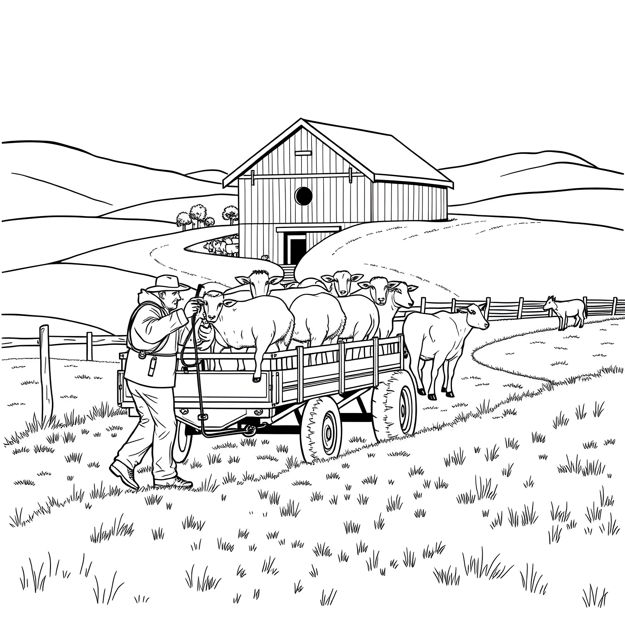 Livestock shepherd herding sheep near rustic barn Coloring Page (free black-and-white line drawing printable PDF for all, from beginners to advanced learners, including children, teens, adults, and seniors)