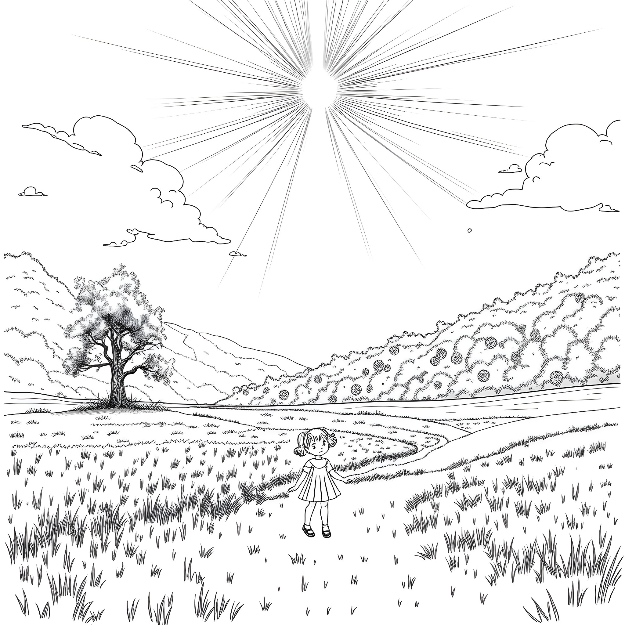 Girl walking in a peaceful countryside landscape Coloring Page (free black-and-white line drawing printable PDF for all, from beginners to advanced learners, including children, teens, adults, and seniors)