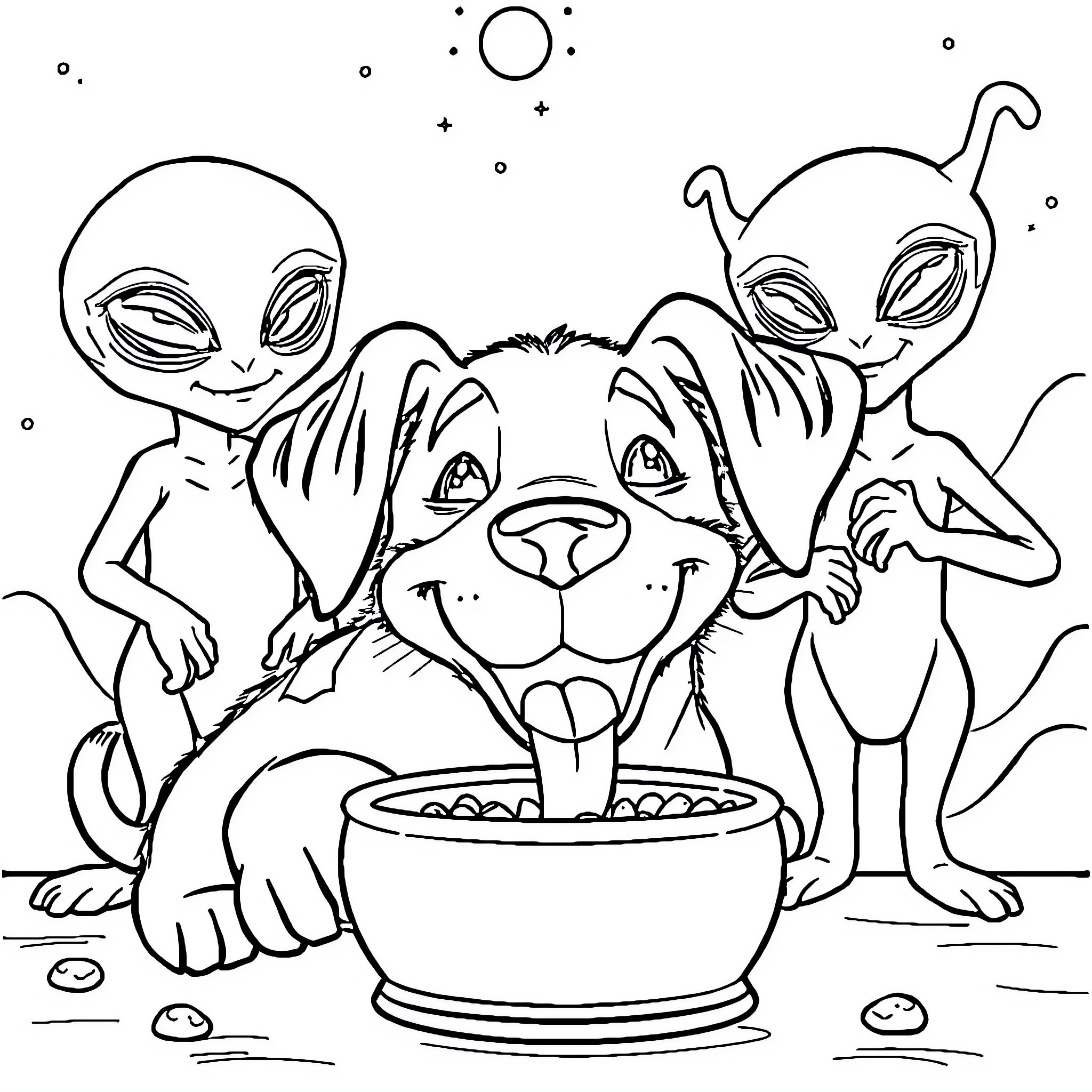 Dog playing with alien friends at meal time Coloring Page (free black-and-white line drawing printable PDF for all, from beginners to advanced learners, including children, teens, adults, and seniors)