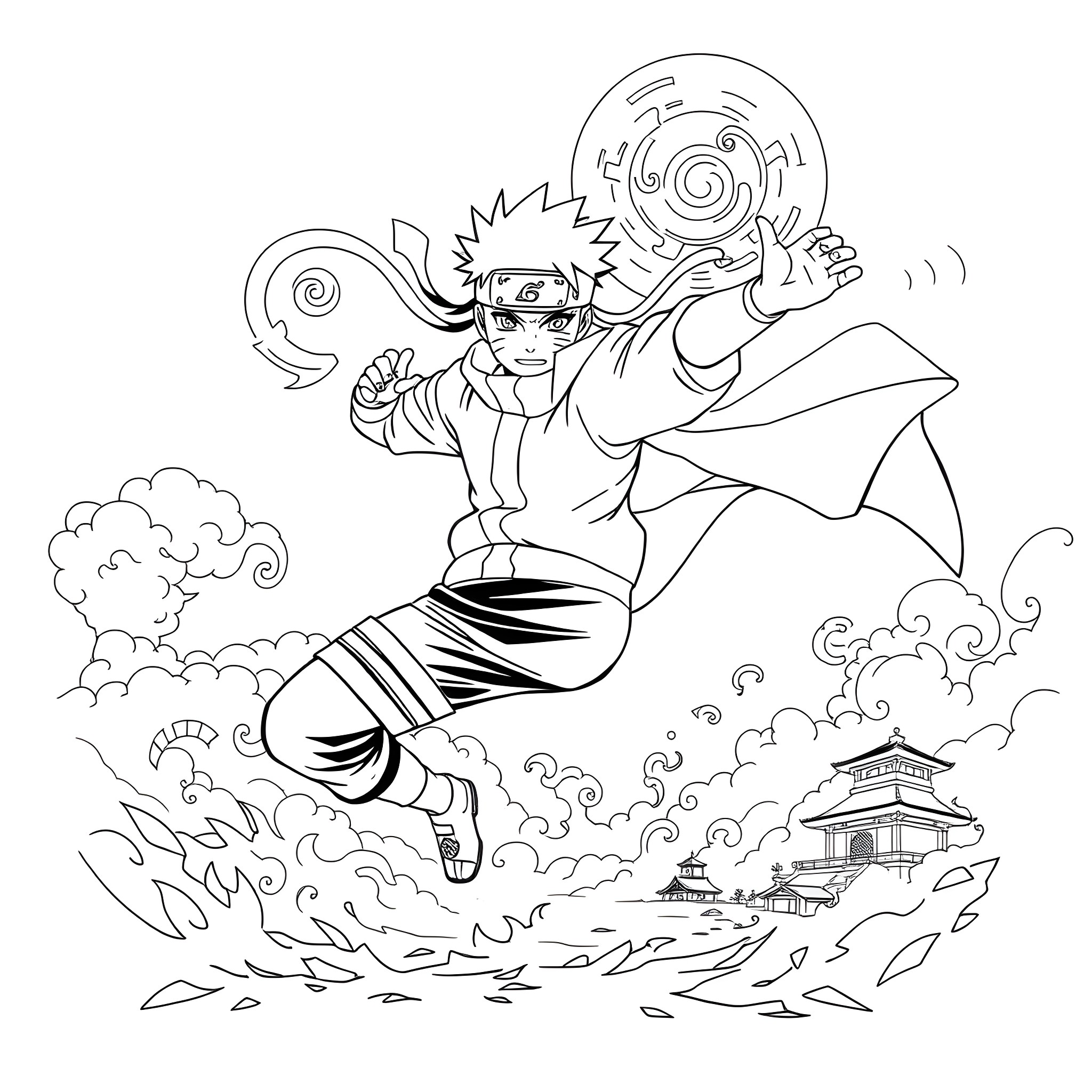 Naruto unleashing powerful jutsu in a dramatic scene Coloring Page (free black-and-white line drawing printable PDF for all, from beginners to advanced learners, including children, teens, adults, and seniors)