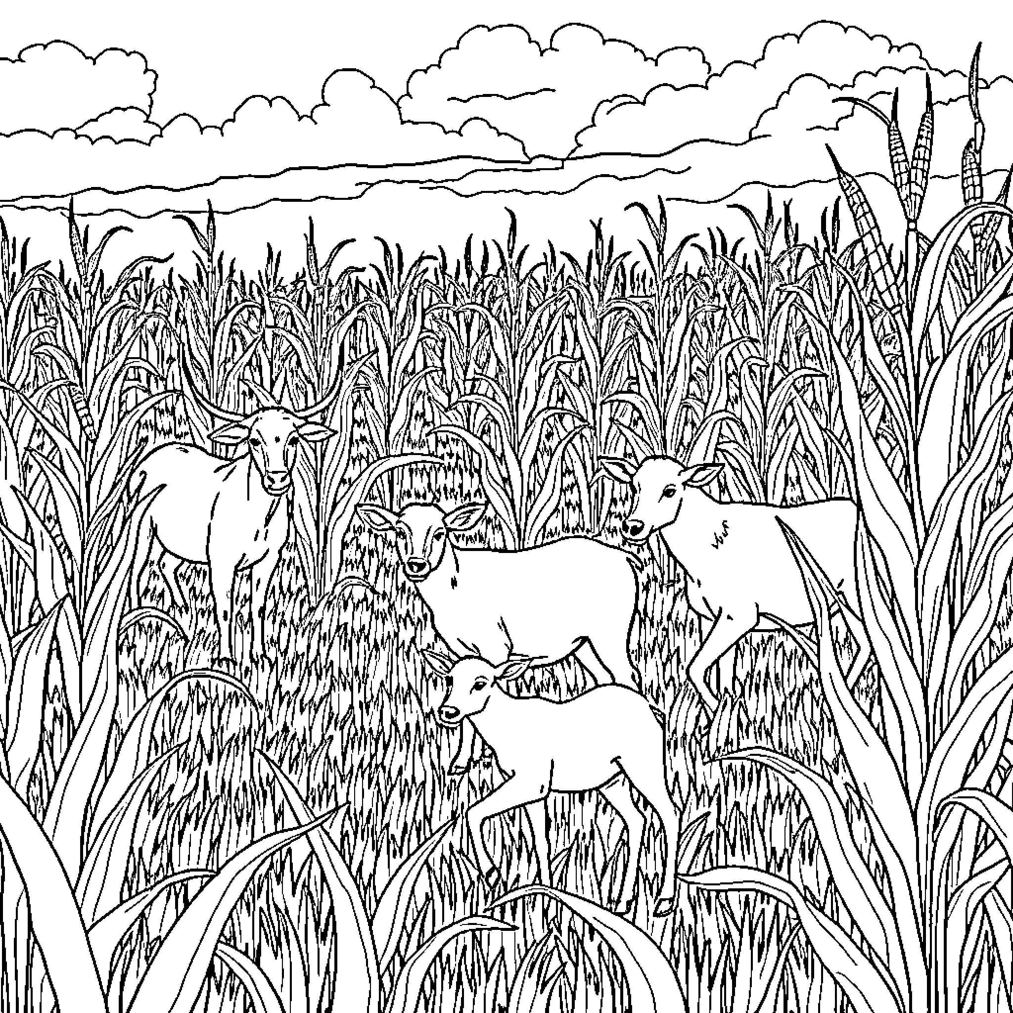 Animals in a Grassy Field Coloring Page (free black-and-white line drawing printable PDF for all, from beginners to advanced learners, including children, teens, adults, and seniors)