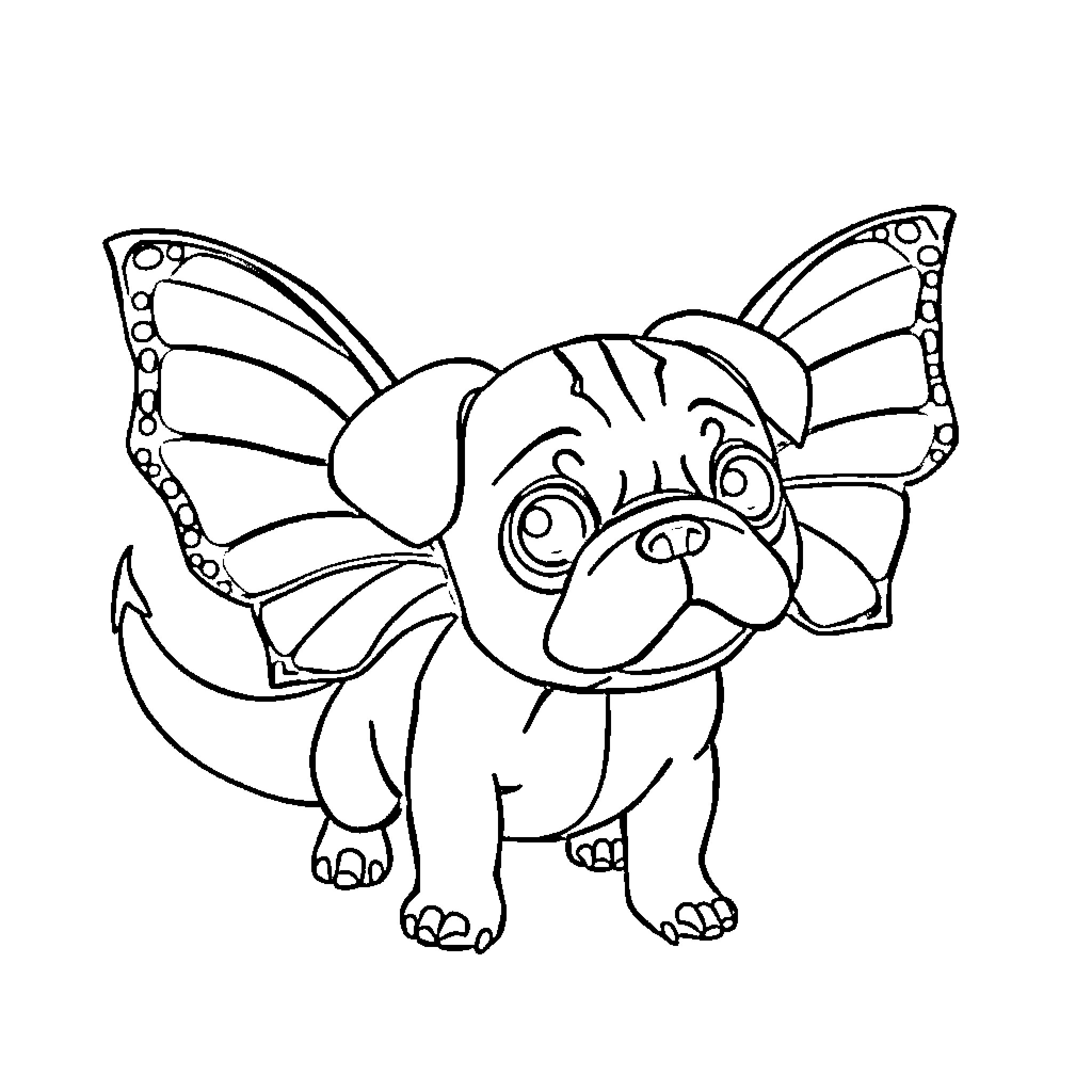 Pug with Butterfly Costume Coloring Page (free black-and-white line drawing printable PDF for all, from beginners to advanced learners, including children, teens, adults, and seniors)