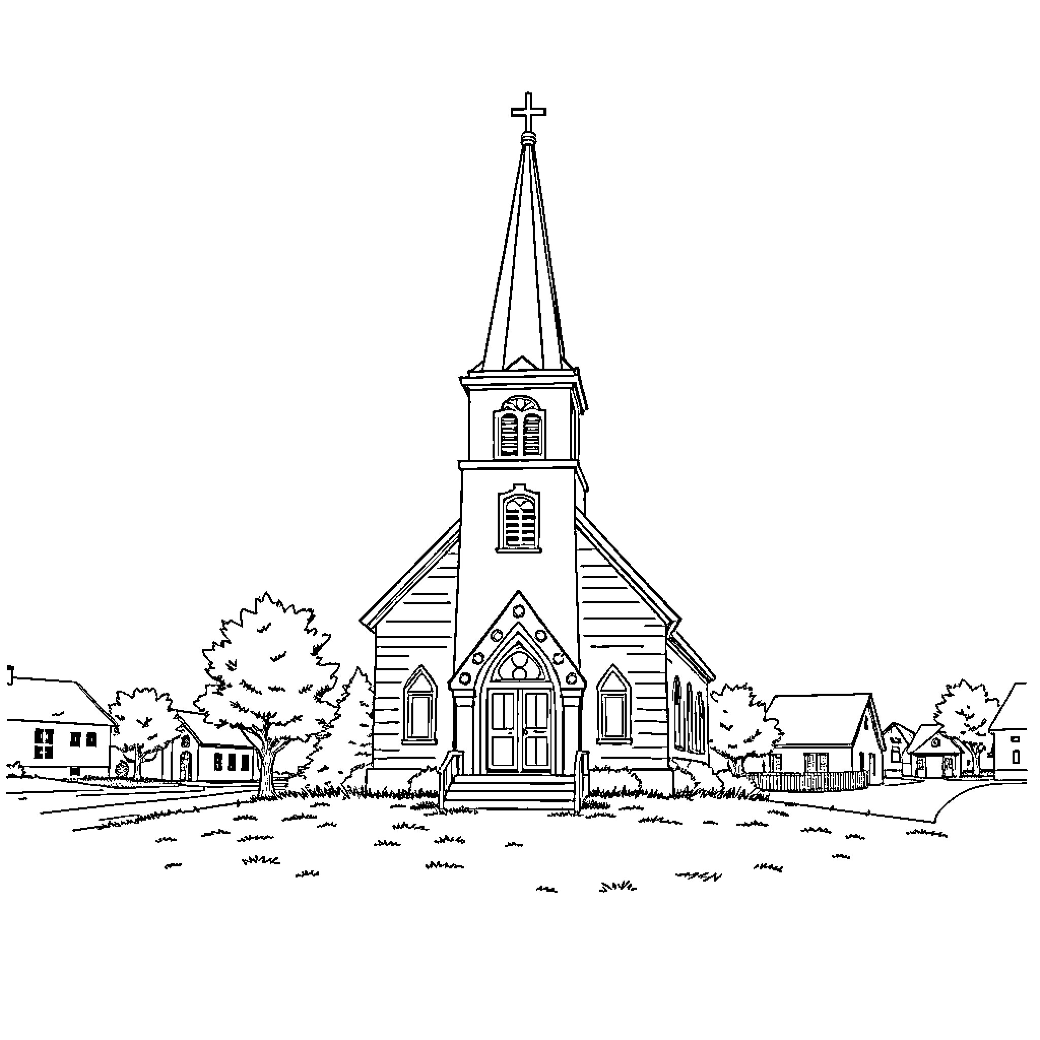 Church with Gothic-style architecture in a small town Coloring Page (free black-and-white line drawing printable PDF for all, from beginners to advanced learners, including children, teens, adults, and seniors)