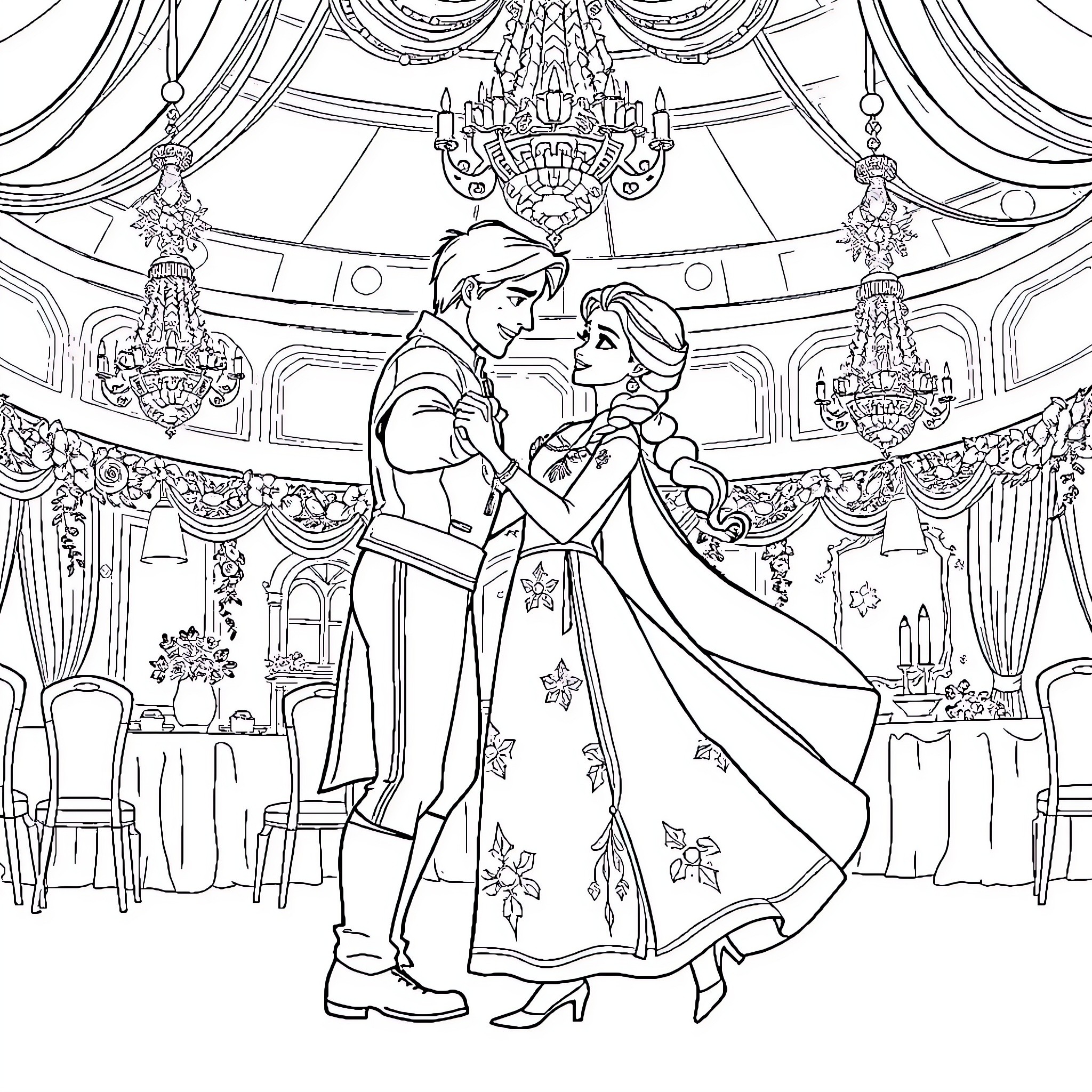 Hans and Anna dancing in a grand ballroom Coloring Page (free black-and-white line drawing printable PDF for all, from beginners to advanced learners, including children, teens, adults, and seniors)