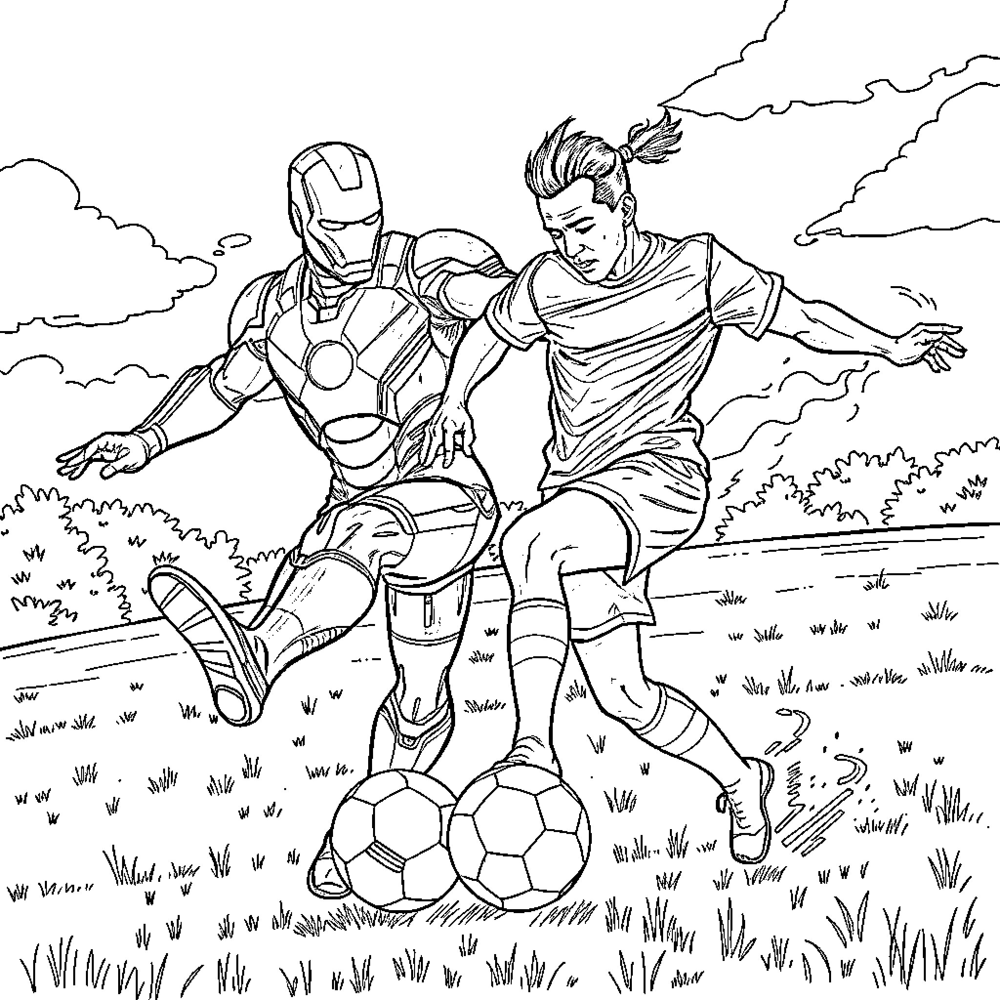 Iron Man and Soccer Player in Outdoor Scene Coloring Page (free black-and-white line drawing printable PDF for all, from beginners to advanced learners, including children, teens, adults, and seniors)