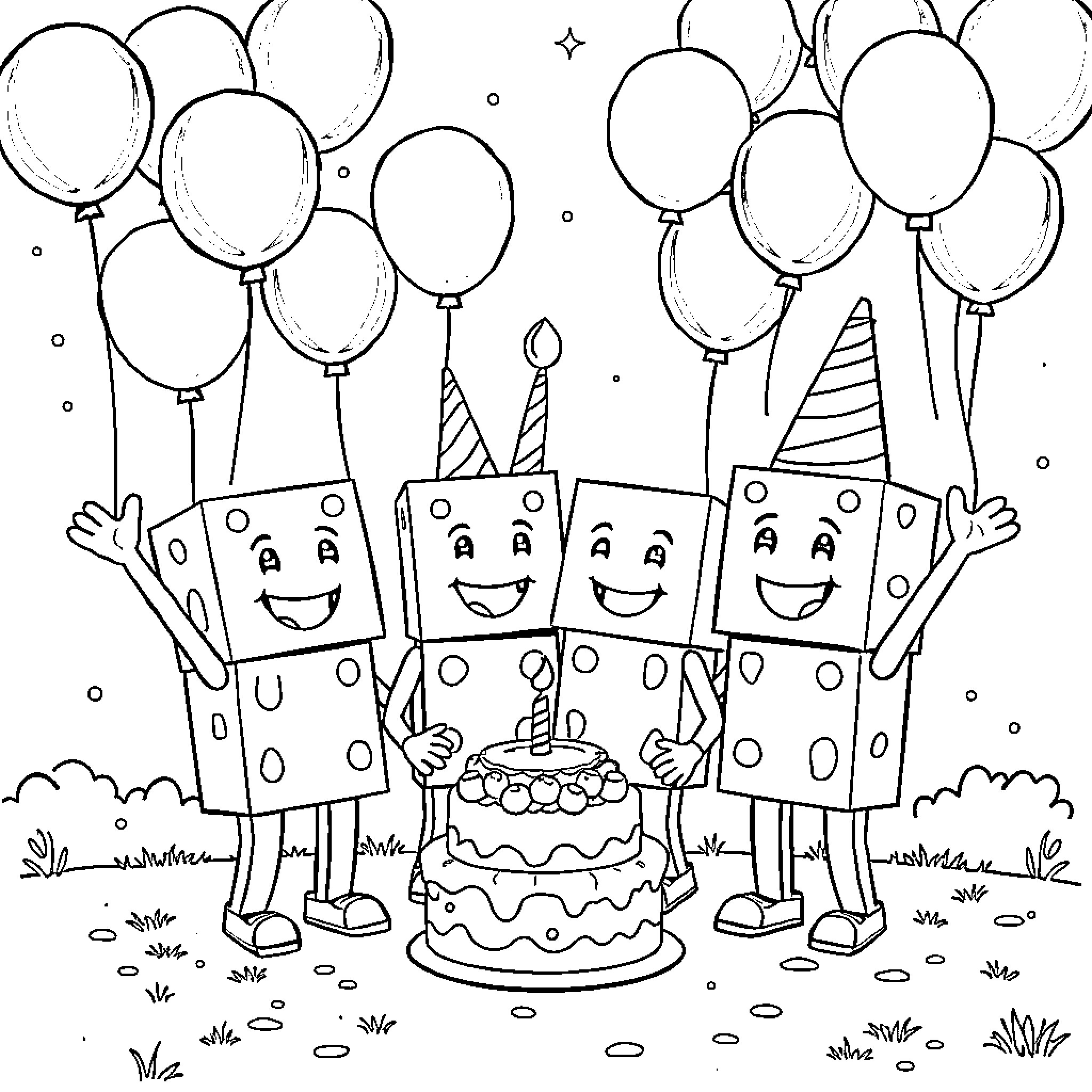 Numberblocks celebrating with balloons and birthday cake Coloring Page (free black-and-white line drawing printable PDF for all, from beginners to advanced learners, including children, teens, adults, and seniors)