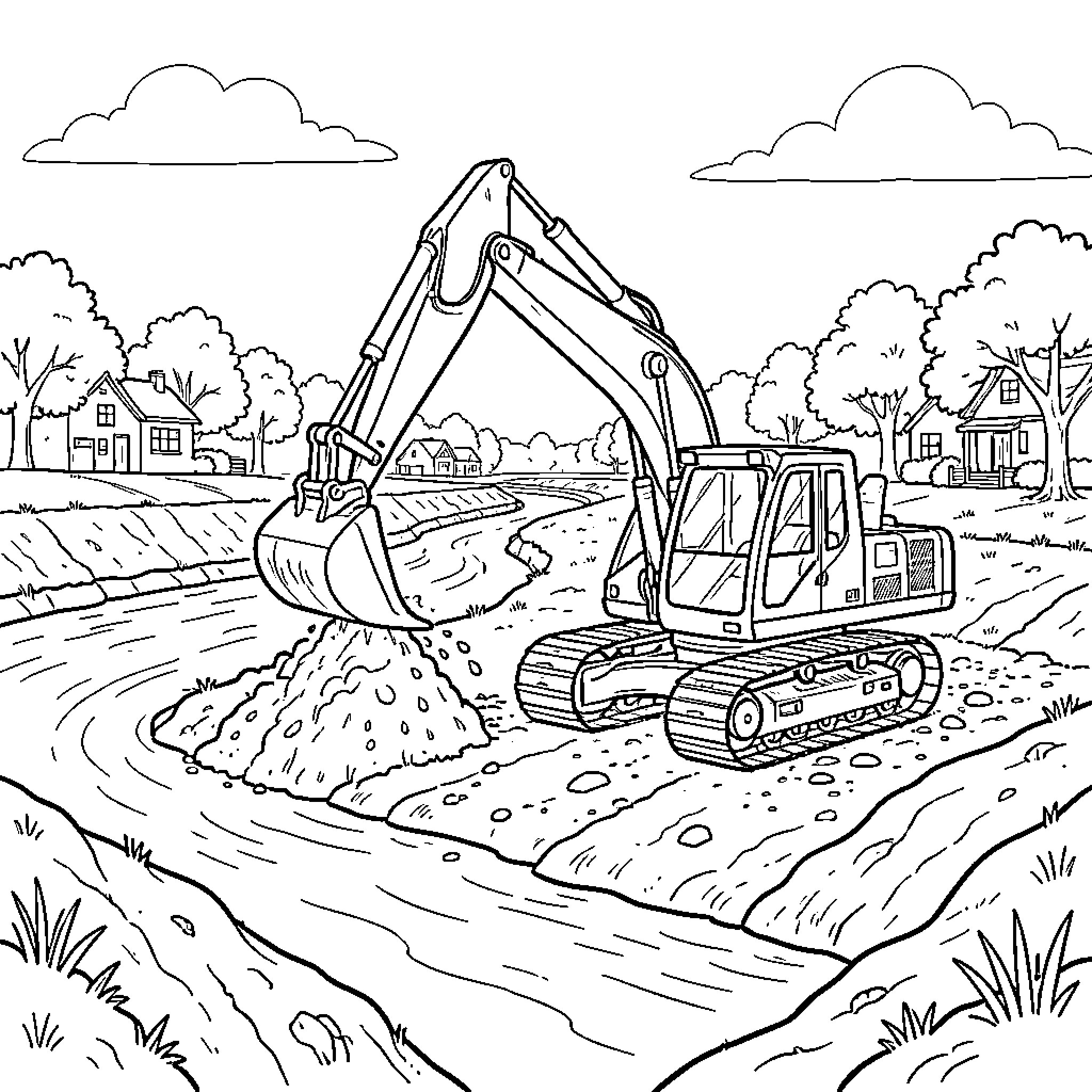 Digger excavating earth near a flowing river Coloring Page (free black-and-white line drawing printable PDF for all, from beginners to advanced learners, including children, teens, adults, and seniors)