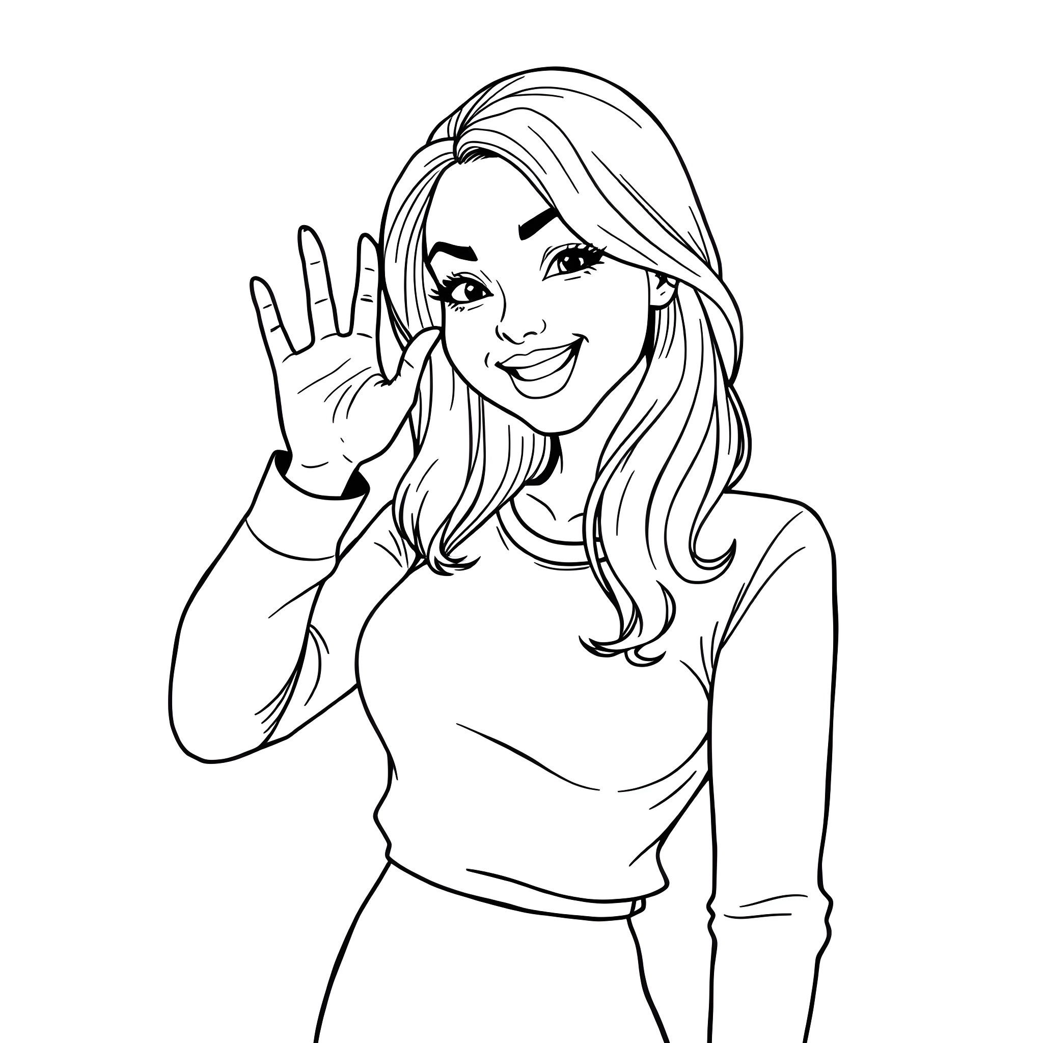 Woman waving and smiling happily Coloring Page (free black-and-white line drawing printable PDF for all, from beginners to advanced learners, including children, teens, adults, and seniors)