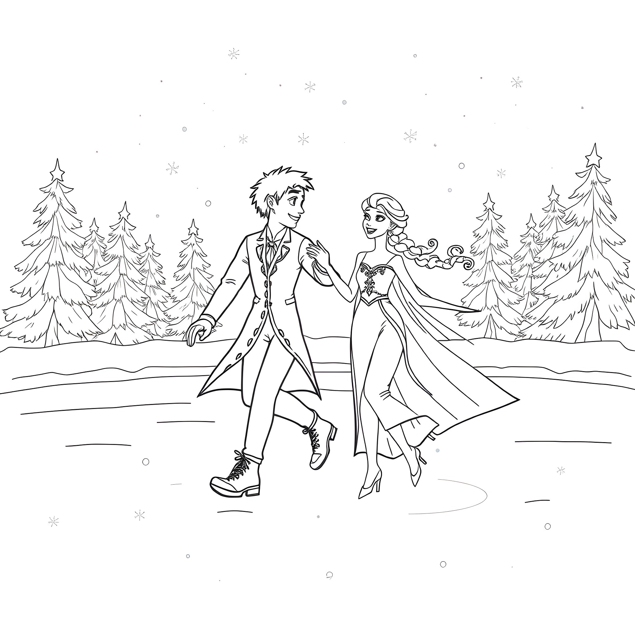 Jack Frost and the Winter Princess Strolling in the Snow Coloring Page (free black-and-white line drawing printable PDF for all, from beginners to advanced learners, including children, teens, adults, and seniors)
