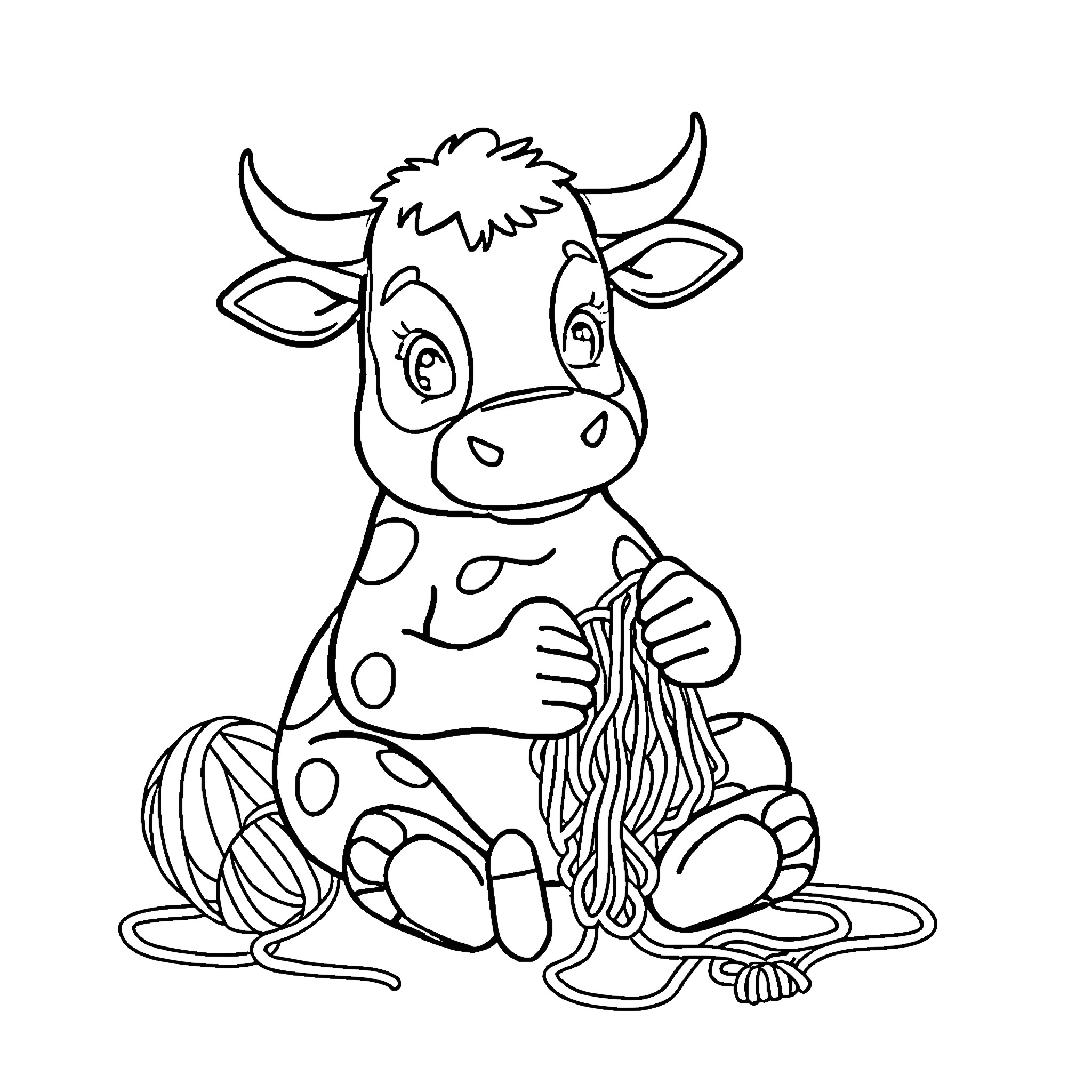 Cow playing with yarn Coloring Page (free black-and-white line drawing printable PDF for all, from beginners to advanced learners, including children, teens, adults, and seniors)