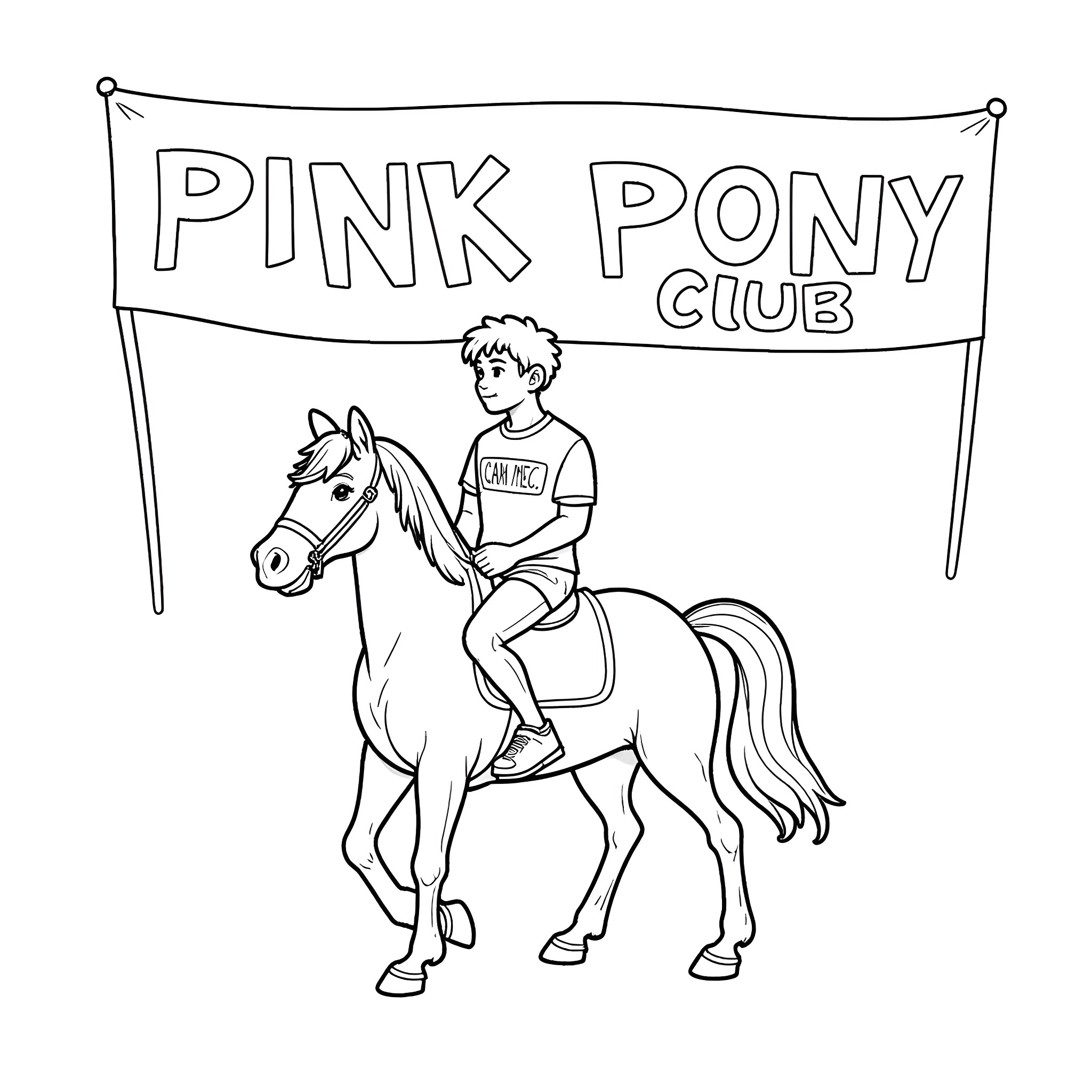 Dude riding a pink pony with club sign Coloring Page (free black-and-white line drawing printable PDF for all, from beginners to advanced learners, including children, teens, adults, and seniors)