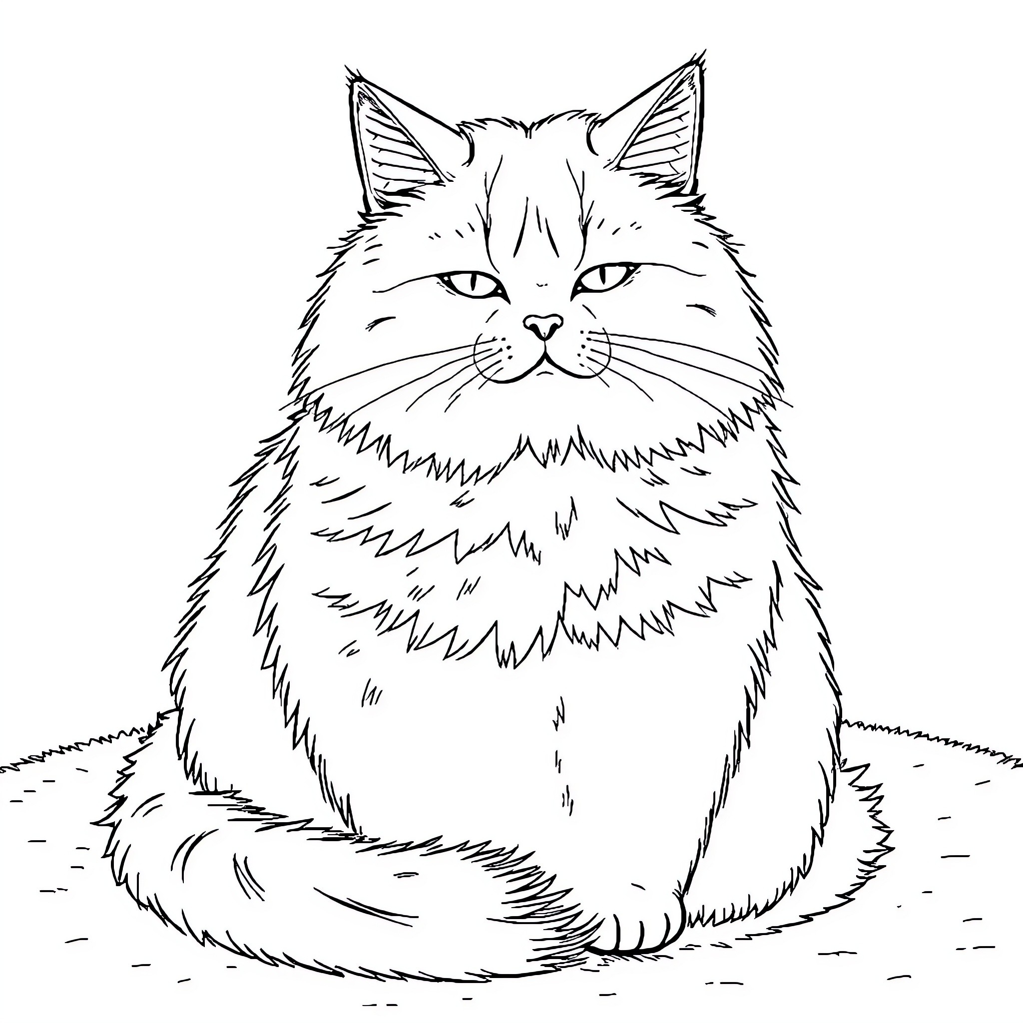 Cat sitting calmly in contemplation Coloring Page (free black-and-white line drawing printable PDF for all, from beginners to advanced learners, including children, teens, adults, and seniors)