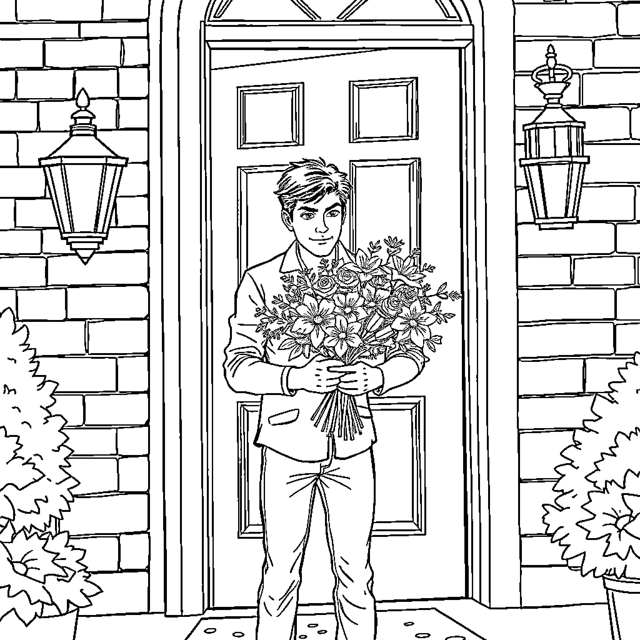 Damon presenting a bouquet of flowers at the doorway Coloring Page (free black-and-white line drawing printable PDF for all, from beginners to advanced learners, including children, teens, adults, and seniors)