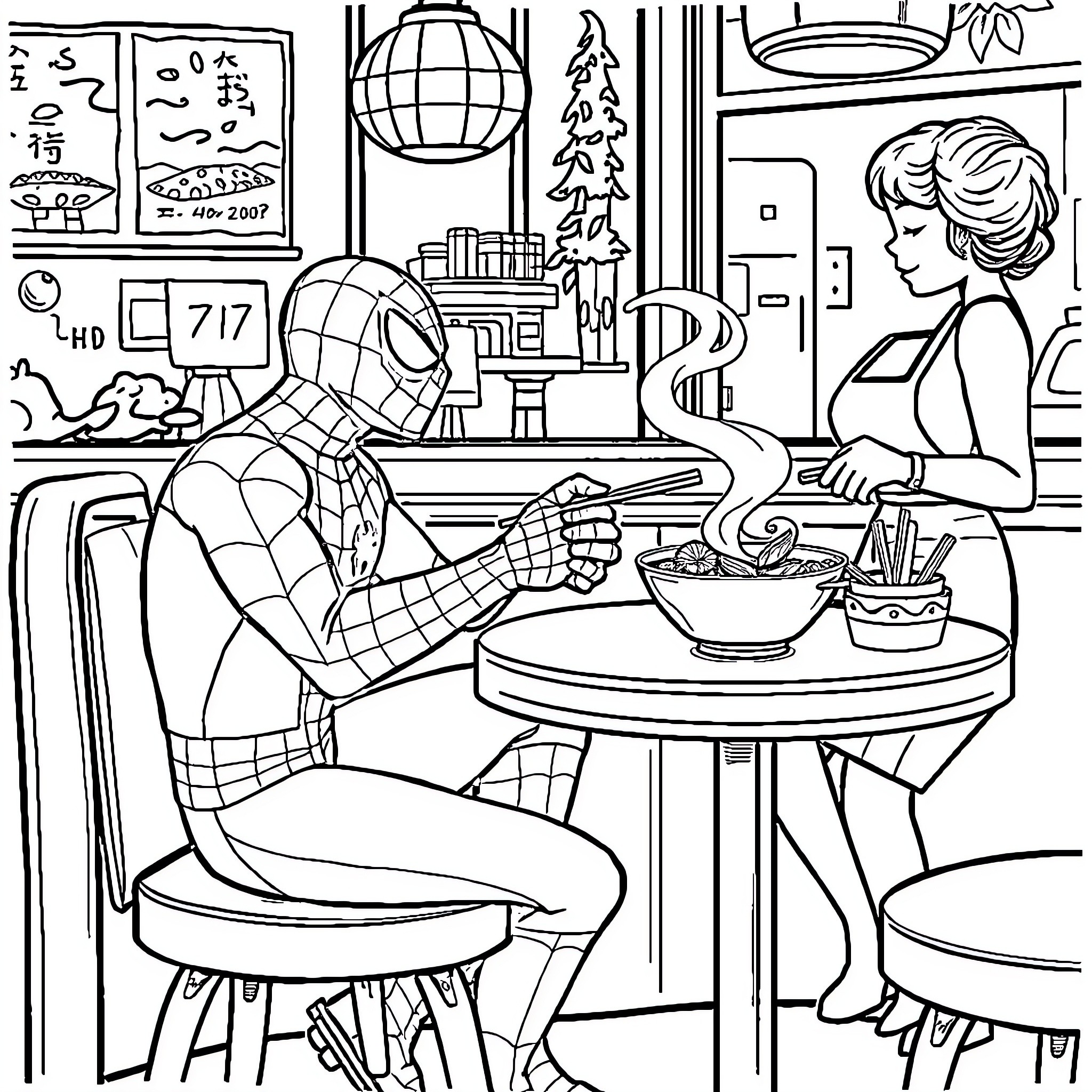 Spiderman enjoying a meal with a friendly waitress Coloring Page (free black-and-white line drawing printable PDF for all, from beginners to advanced learners, including children, teens, adults, and seniors)