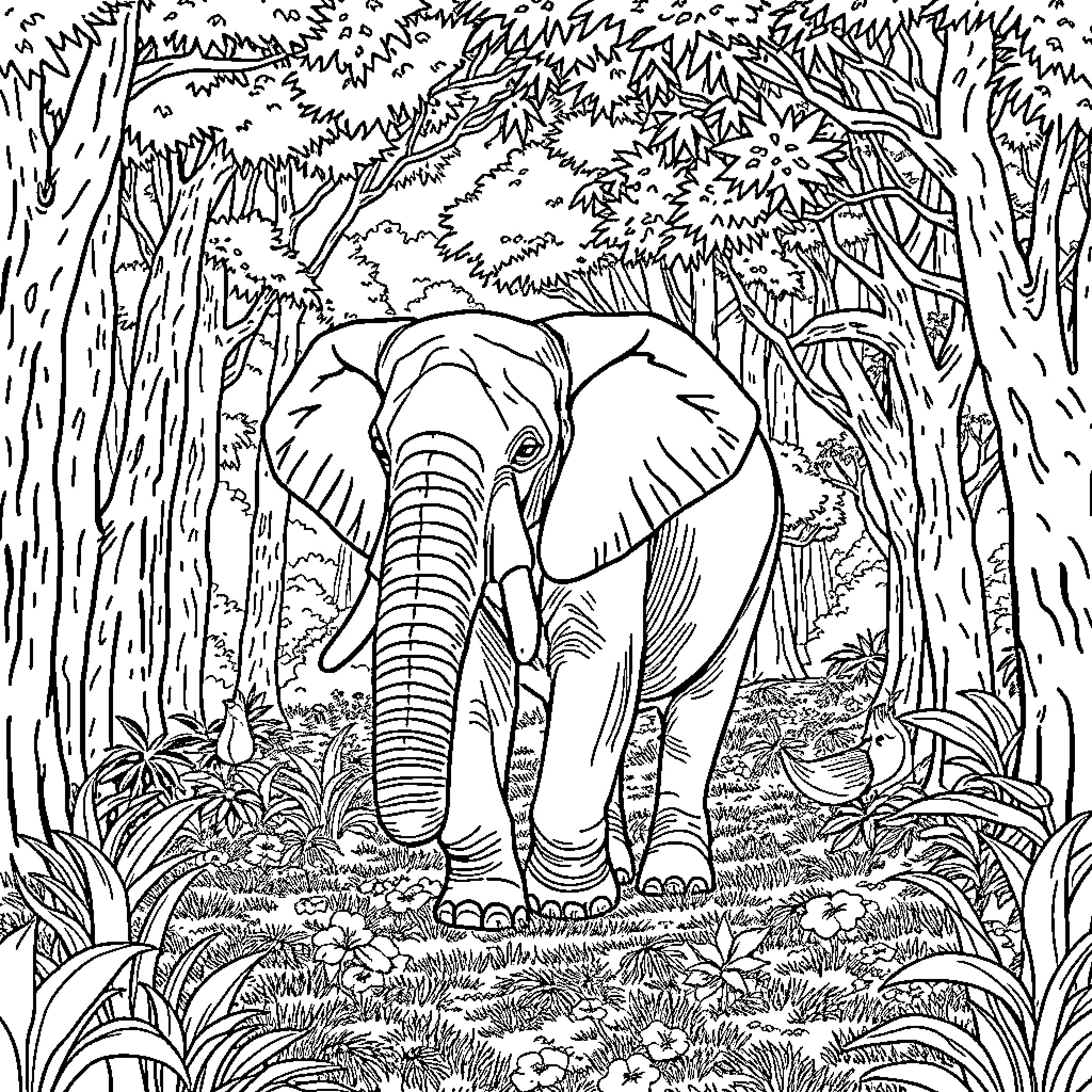 Elephant in the Lush Jungle Coloring Page (free black-and-white line drawing printable PDF for all, from beginners to advanced learners, including children, teens, adults, and seniors)
