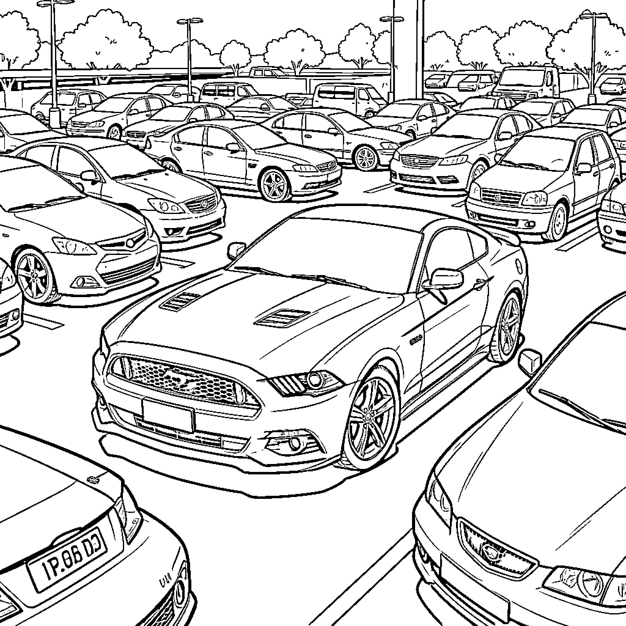 Mustang cars in a bustling parking lot Coloring Page (free black-and-white line drawing printable PDF for all, from beginners to advanced learners, including children, teens, adults, and seniors)