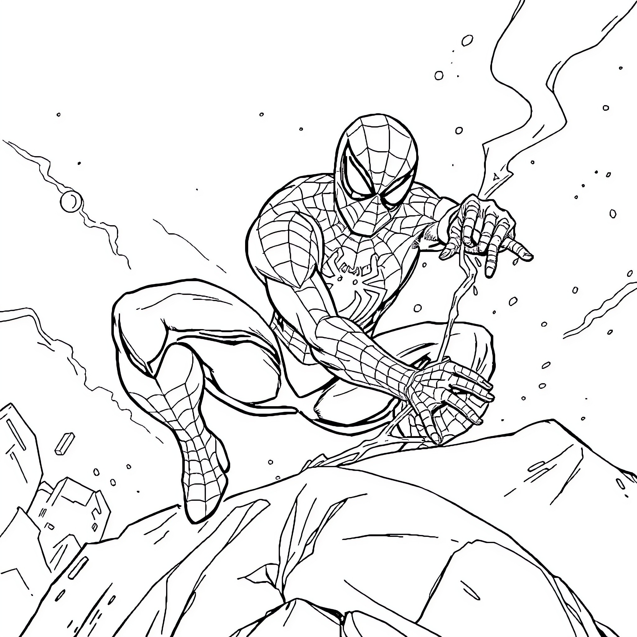 Spiderman battles foes in action-packed scene Coloring Page (free black-and-white line drawing printable PDF for all, from beginners to advanced learners, including children, teens, adults, and seniors)