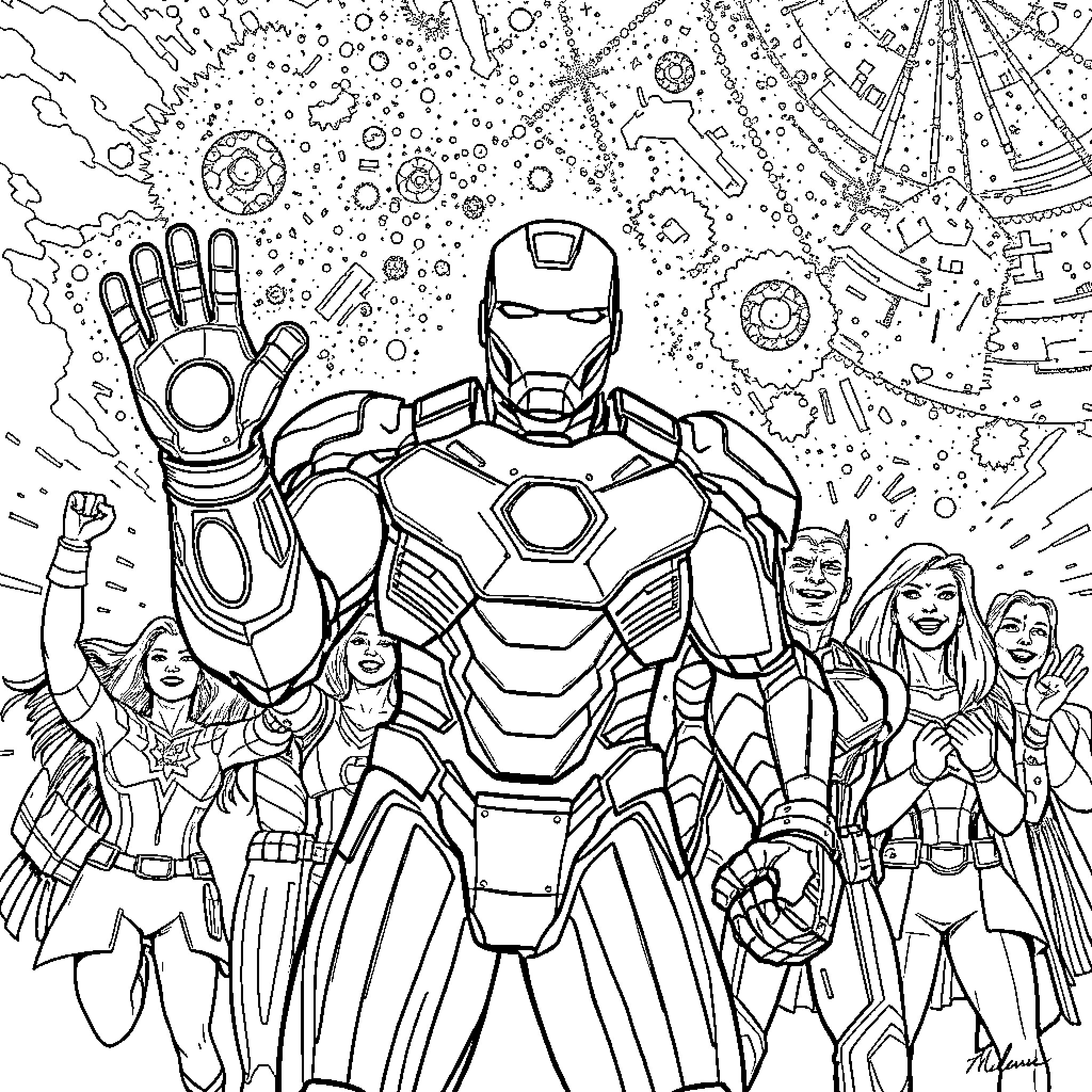 Iron Man leads heroic team in cosmic battle Coloring Page (free black-and-white line drawing printable PDF for all, from beginners to advanced learners, including children, teens, adults, and seniors)
