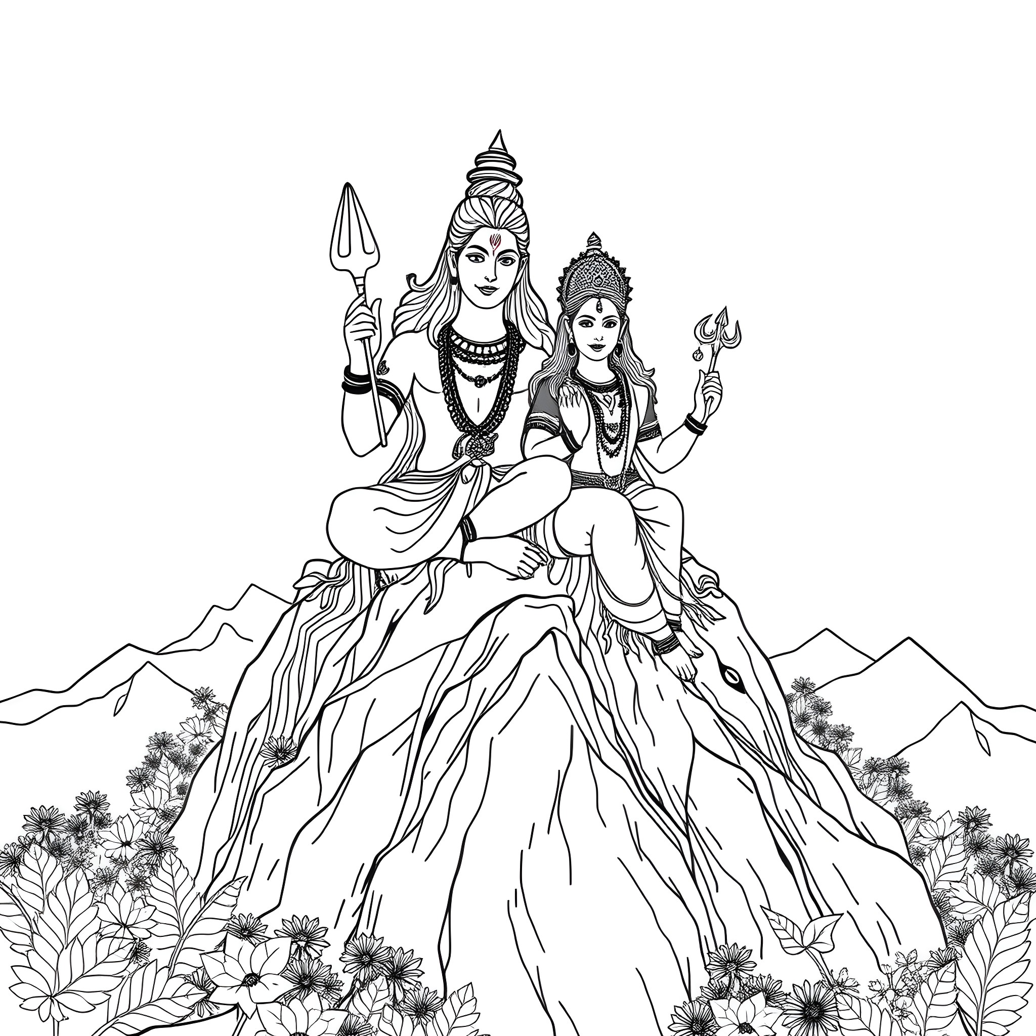 Shivji and Parvati seated amidst nature Coloring Page (free black-and-white line drawing printable PDF for all, from beginners to advanced learners, including children, teens, adults, and seniors)
