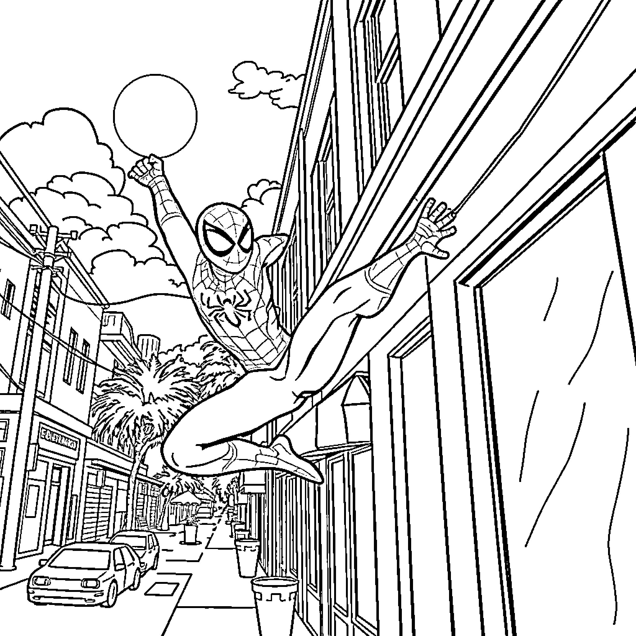Spider-Man swinging through the city in action Coloring Page (free black-and-white line drawing printable PDF for all, from beginners to advanced learners, including children, teens, adults, and seniors)