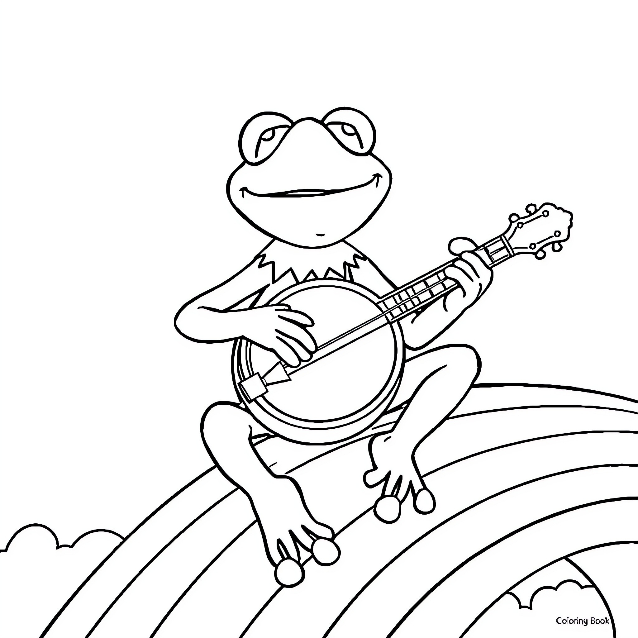Kermit playing a banjo joyfully Coloring Page (free black-and-white line drawing printable PDF for all, from beginners to advanced learners, including children, teens, adults, and seniors)
