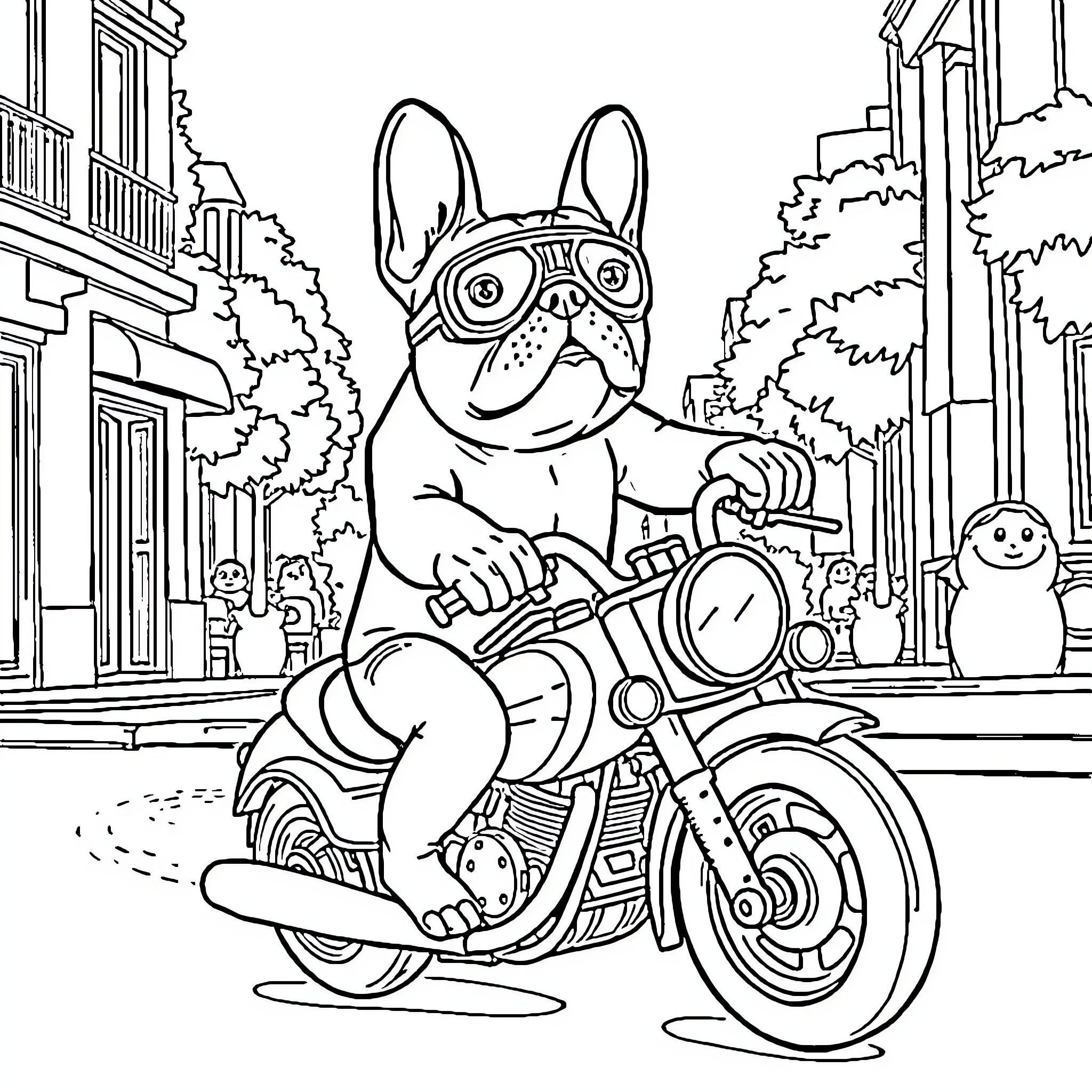 French Bulldog riding motorcycle on city street Coloring Page (free black-and-white line drawing printable PDF for all, from beginners to advanced learners, including children, teens, adults, and seniors)