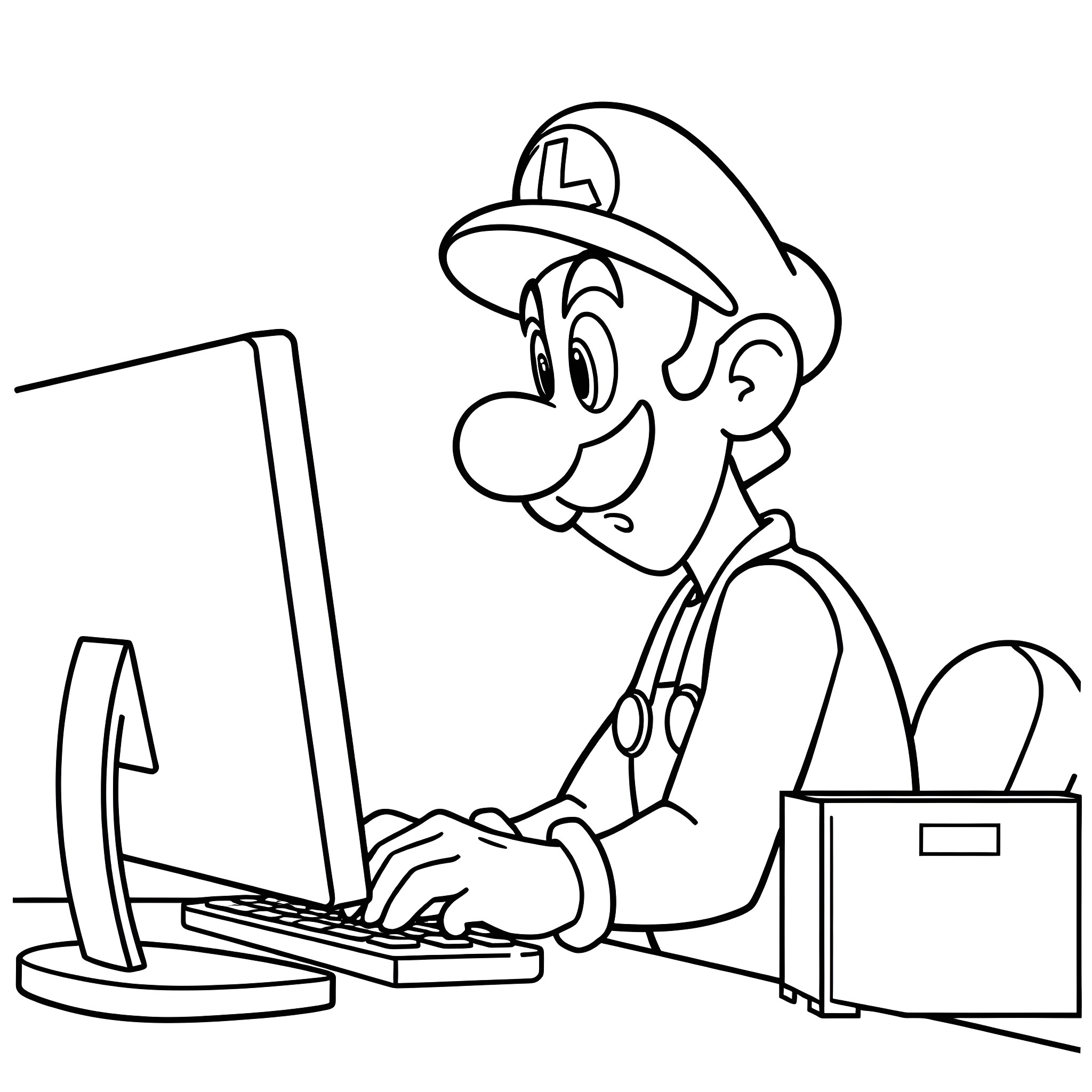 Luigi working diligently on a computer Coloring Page (free black-and-white line drawing printable PDF for all, from beginners to advanced learners, including children, teens, adults, and seniors)