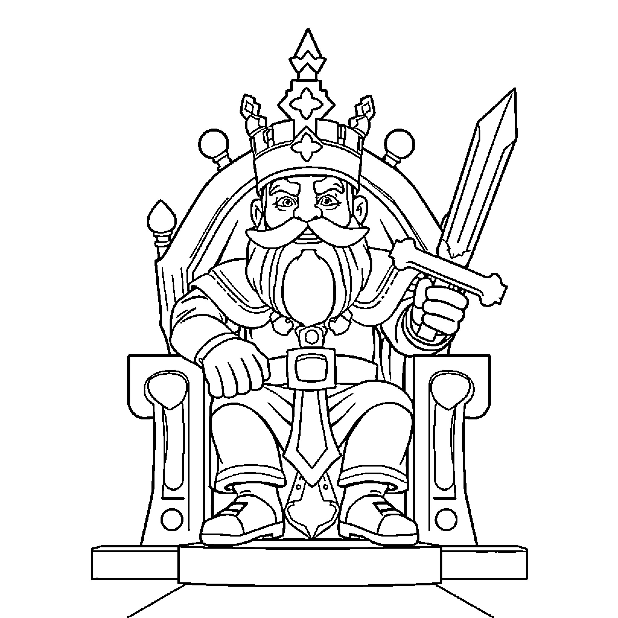 King on Ornate Throne Holding Sword Coloring Page (free black-and-white line drawing printable PDF for all, from beginners to advanced learners, including children, teens, adults, and seniors)