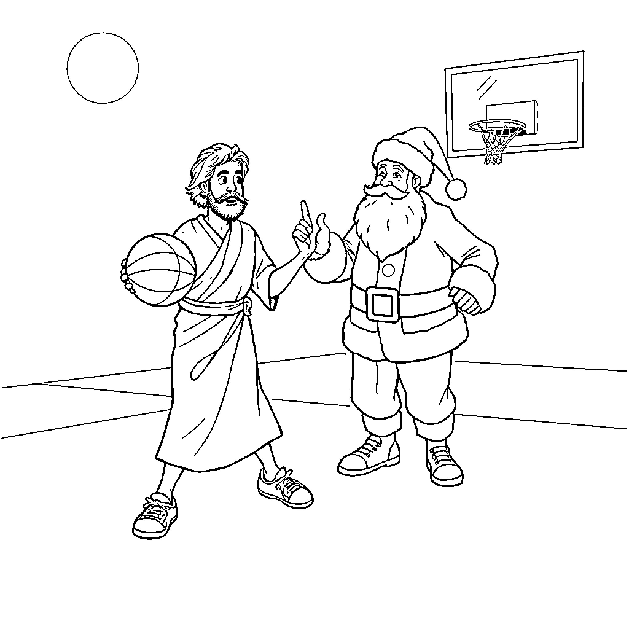 Jesus and Santa playing basketball together Coloring Page (free black-and-white line drawing printable PDF for all, from beginners to advanced learners, including children, teens, adults, and seniors)
