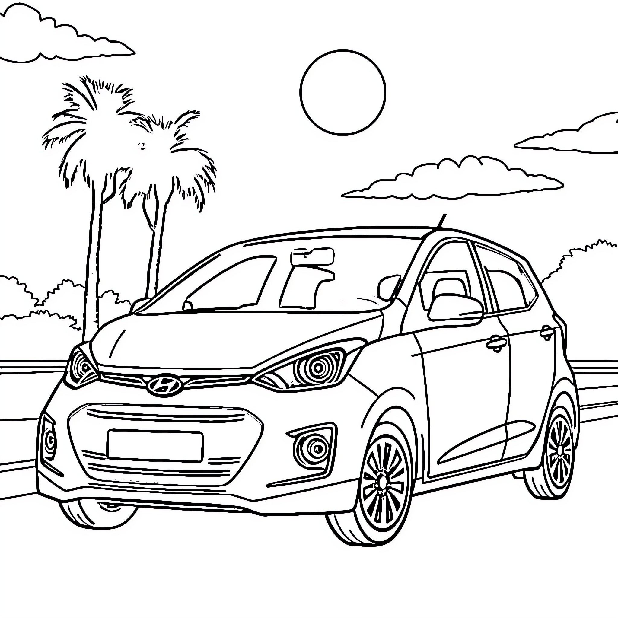 Hyundai compact car on a sunny beach road Coloring Page (free black-and-white line drawing printable PDF for all, from beginners to advanced learners, including children, teens, adults, and seniors)
