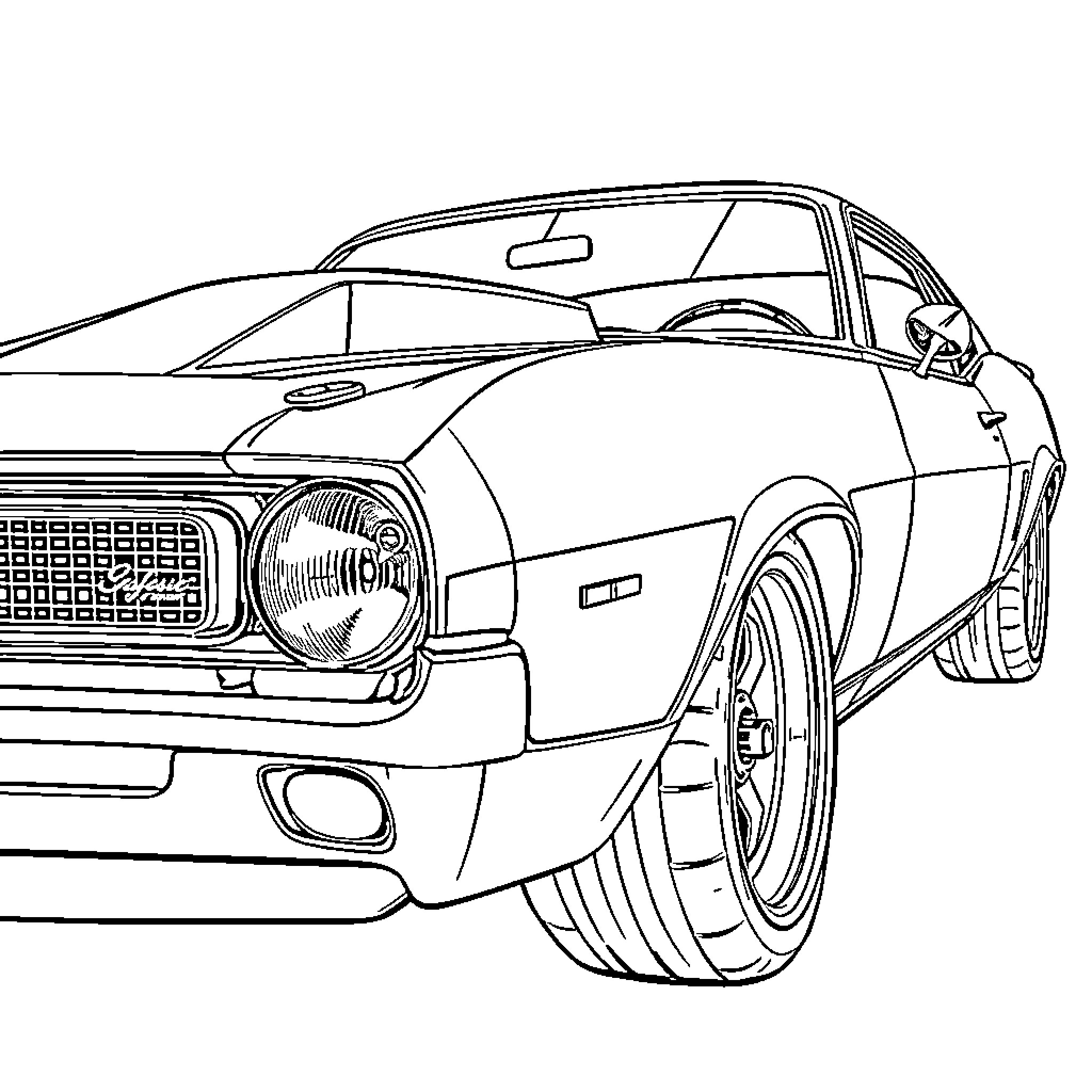 Muscle Car Speeding Down the Road Coloring Page (free black-and-white line drawing printable PDF for all, from beginners to advanced learners, including children, teens, adults, and seniors)
