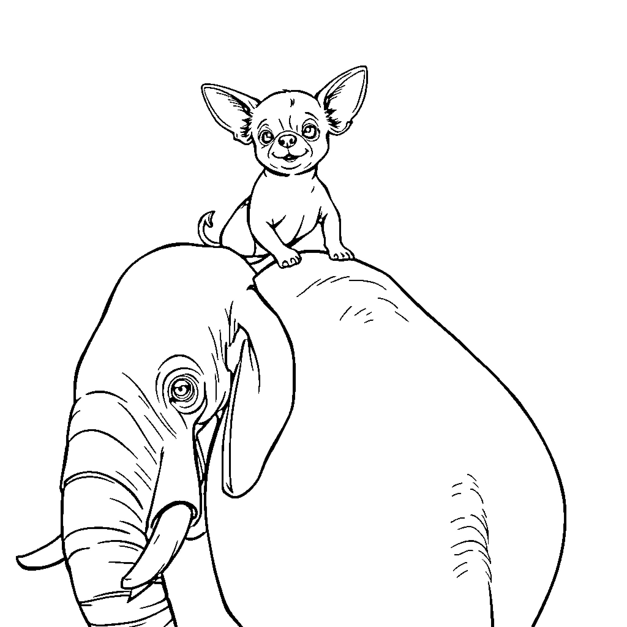 Chihuahua perched on elephant's back Coloring Page (free black-and-white line drawing printable PDF for all, from beginners to advanced learners, including children, teens, adults, and seniors)