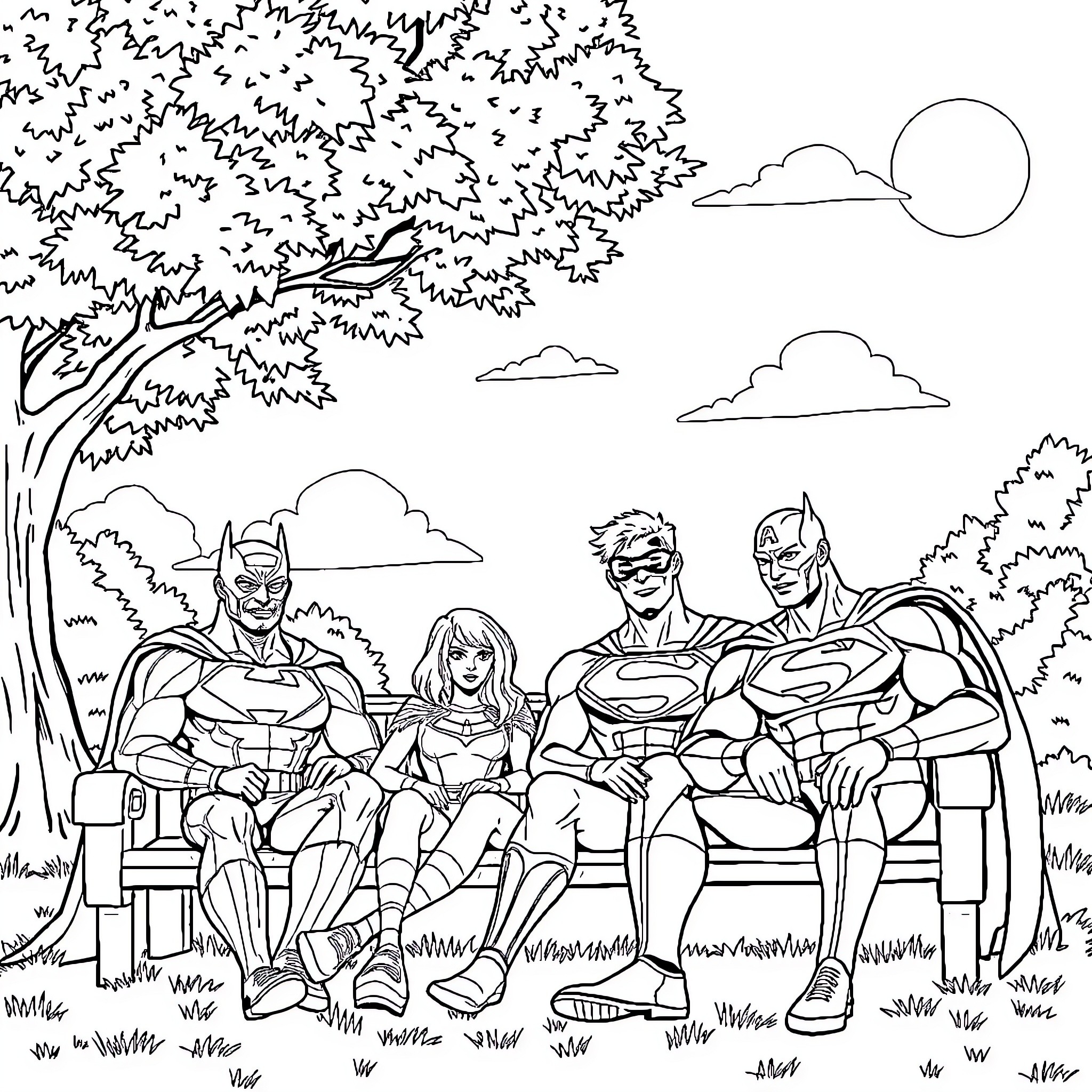 Superhero Team Relaxing in the Park Coloring Page (free black-and-white line drawing printable PDF for all, from beginners to advanced learners, including children, teens, adults, and seniors)