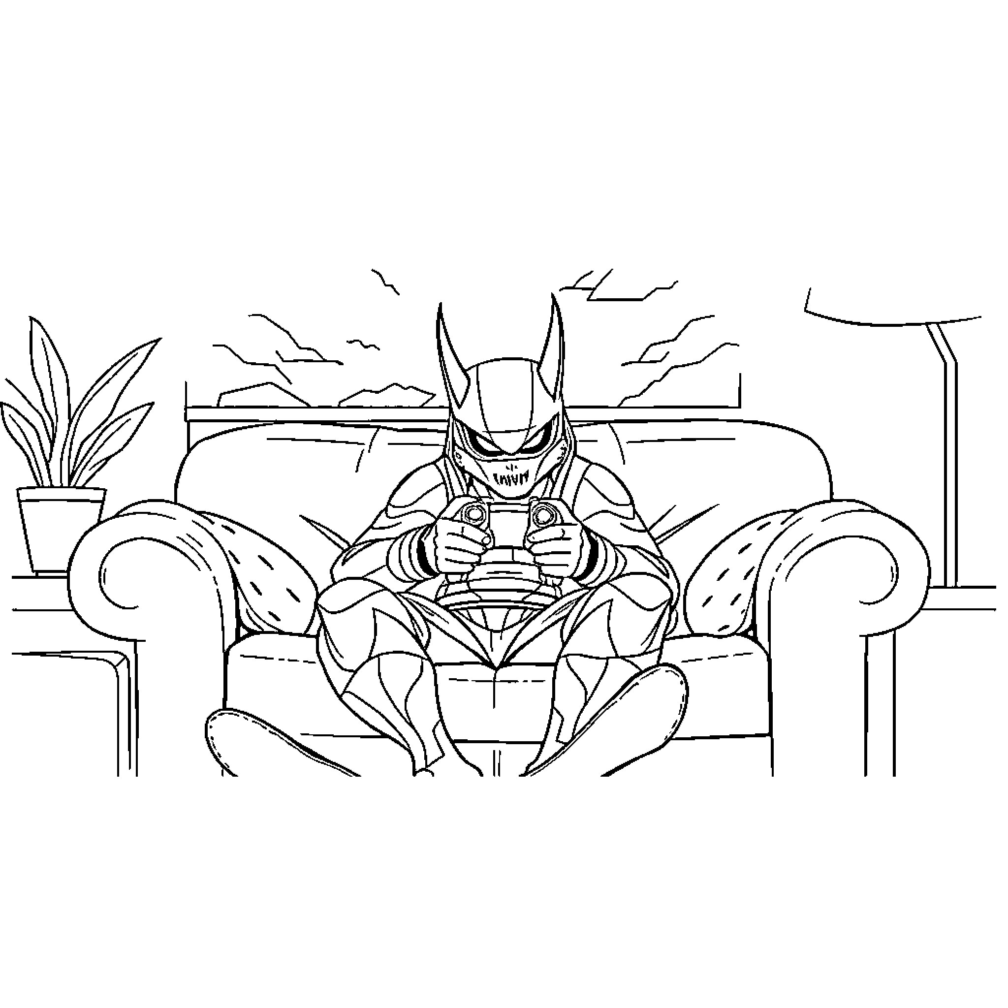 Hunteix Superhero Relaxing at Home Coloring Page (free black-and-white line drawing printable PDF for all, from beginners to advanced learners, including children, teens, adults, and seniors)