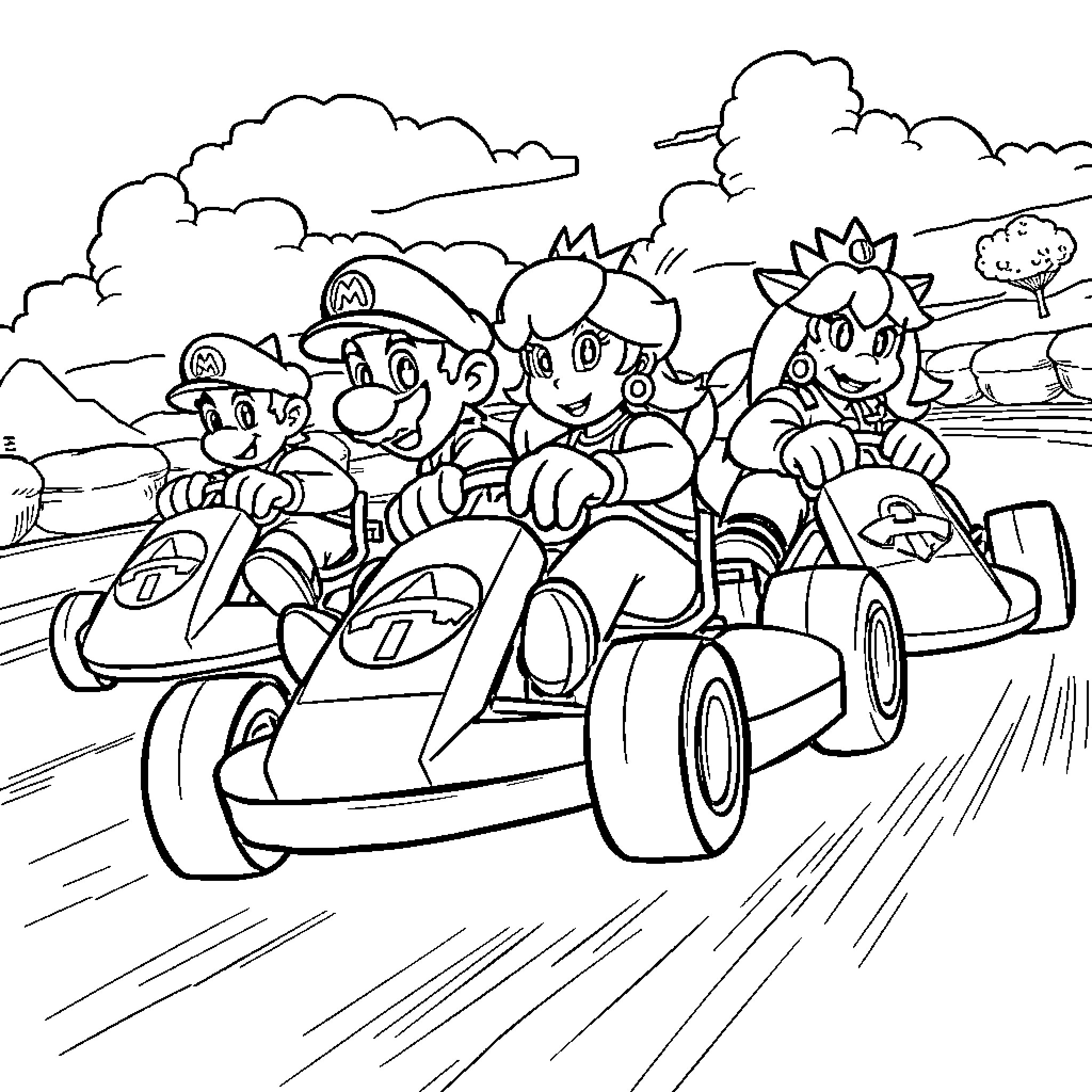 Mario Kart Characters Racing on the Track Coloring Page (free black-and-white line drawing printable PDF for all, from beginners to advanced learners, including children, teens, adults, and seniors)