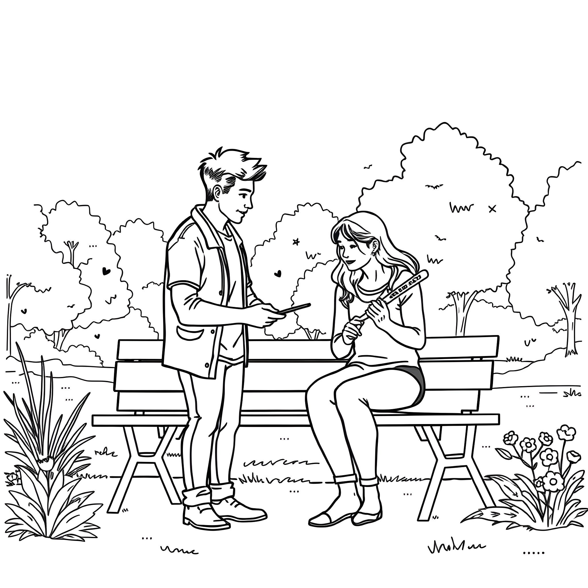 Recreational Therapist Assisting Patient in Outdoor Setting Coloring Page (free black-and-white line drawing printable PDF for all, from beginners to advanced learners, including children, teens, adults, and seniors)