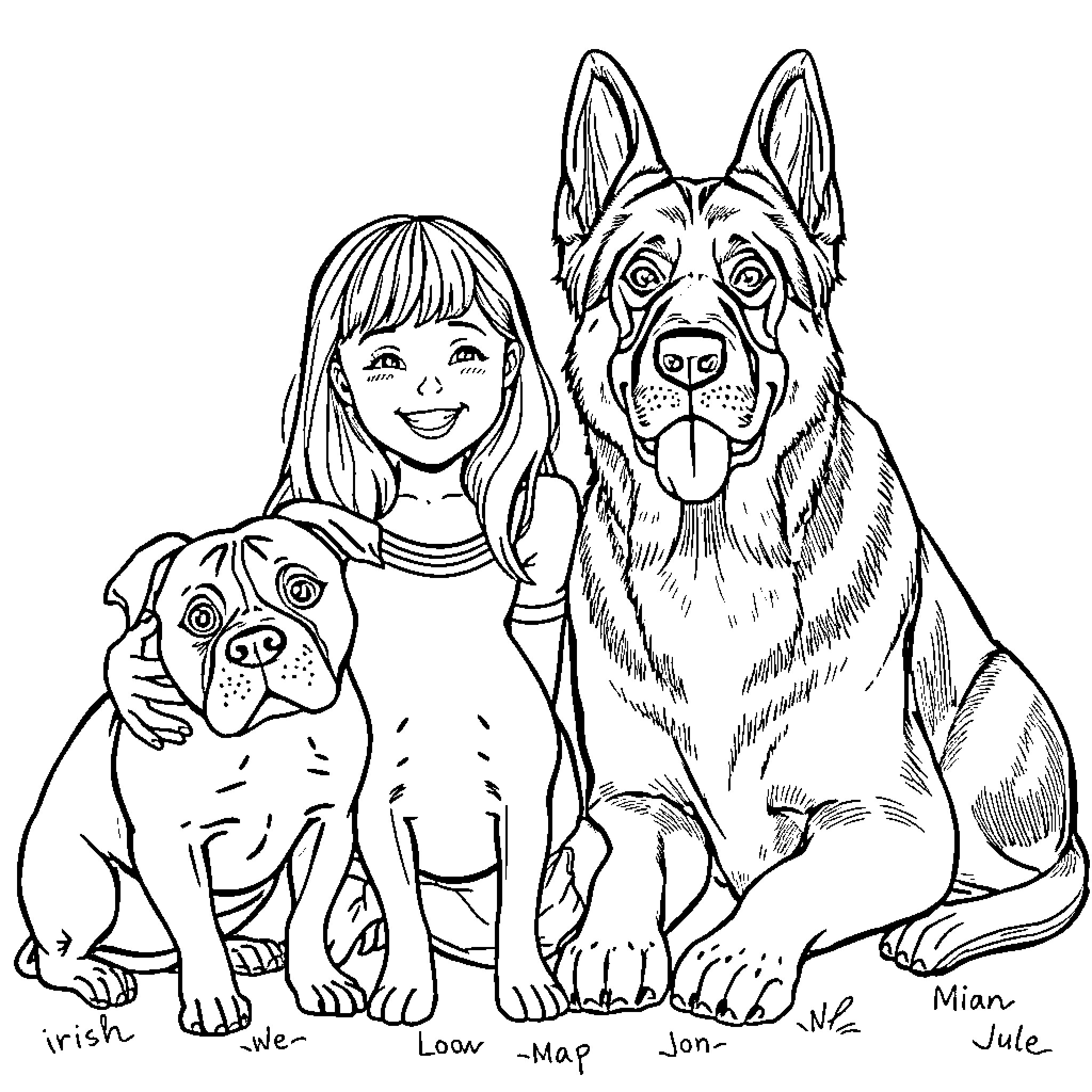 Girl surrounded by happy and friendly dogs Coloring Page (free black-and-white line drawing printable PDF for all, from beginners to advanced learners, including children, teens, adults, and seniors)