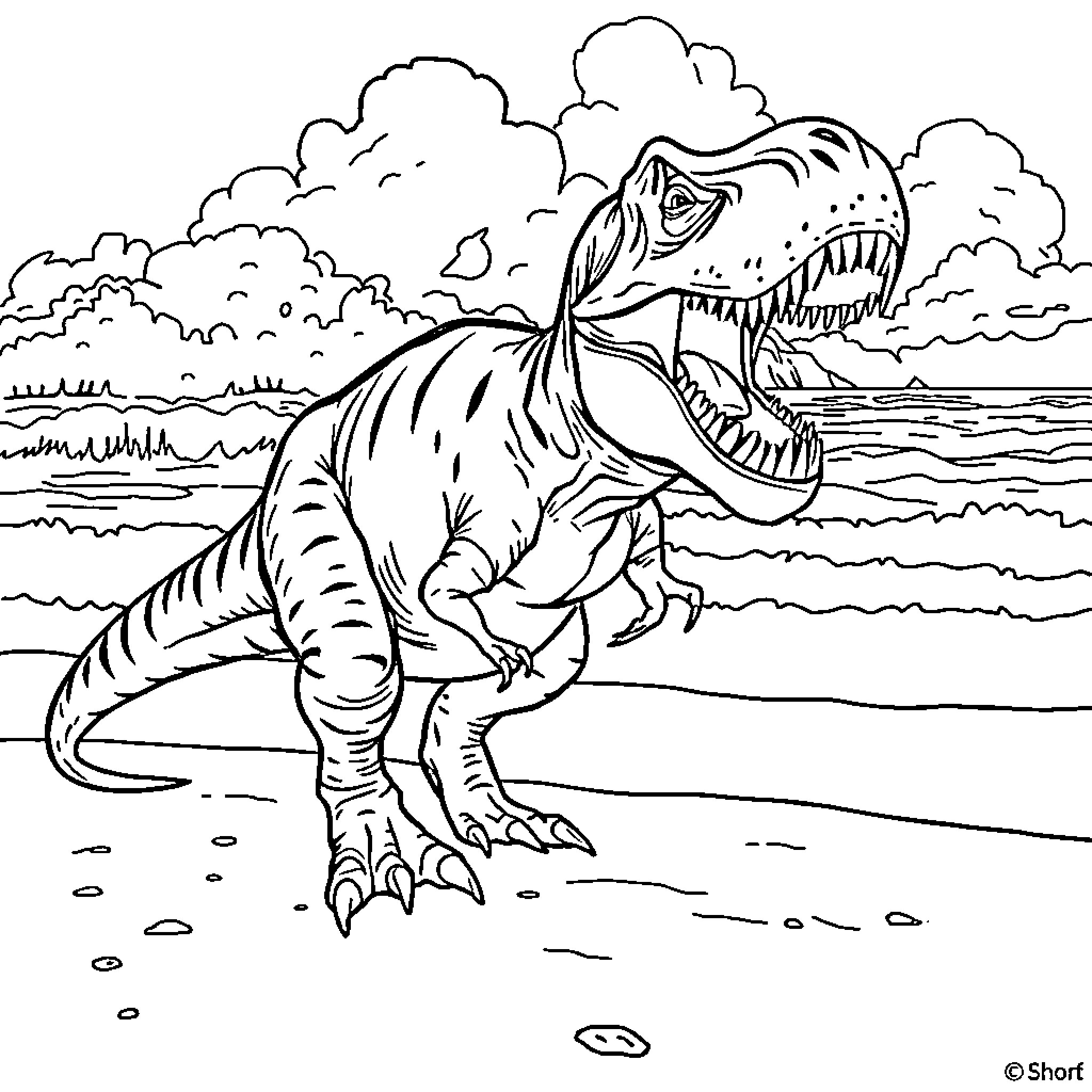 Tyrannosaurus Rex roaring fiercely on the beach Coloring Page (free black-and-white line drawing printable PDF for all, from beginners to advanced learners, including children, teens, adults, and seniors)