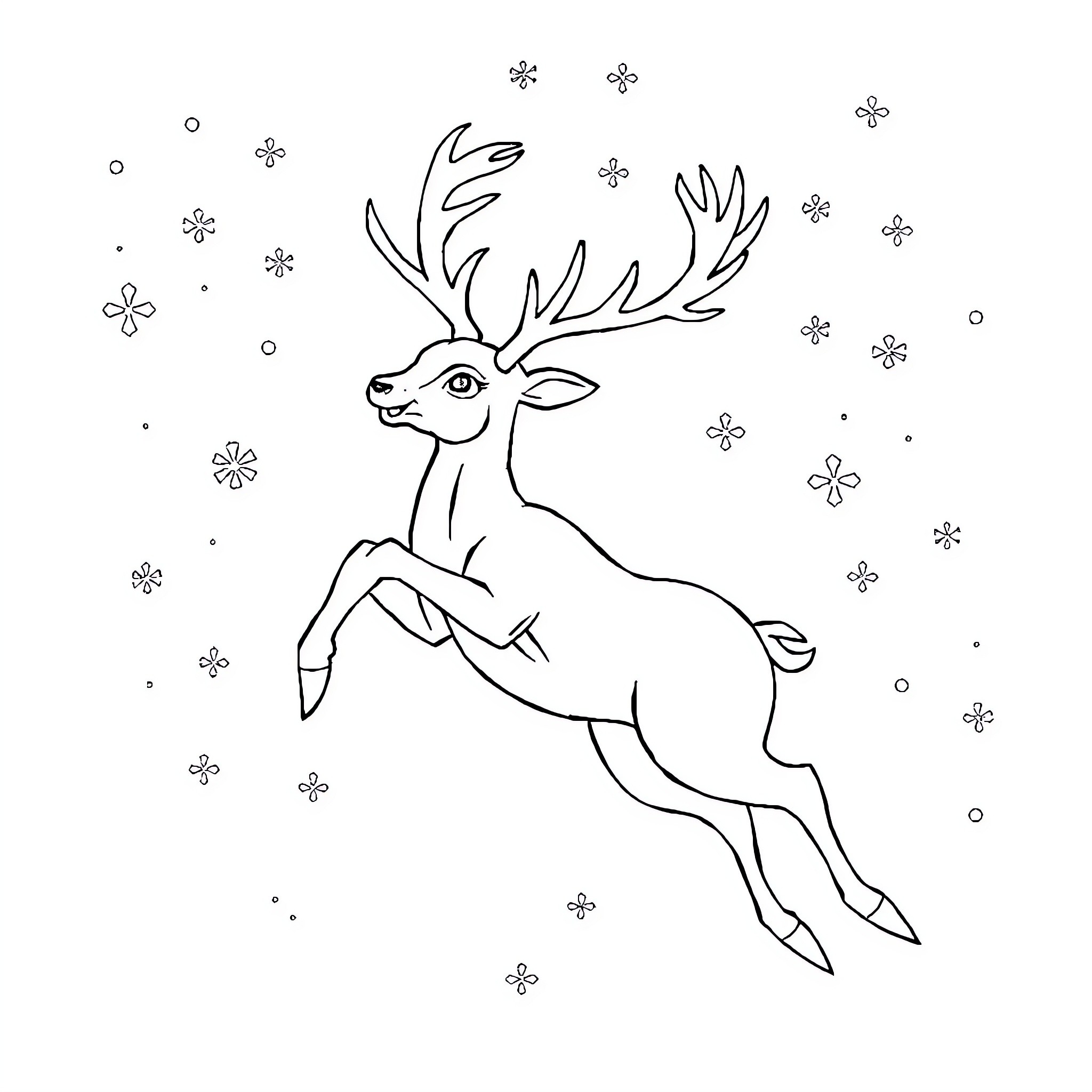Deer jumping among snowflakes Coloring Page (free black-and-white line drawing printable PDF for all, from beginners to advanced learners, including children, teens, adults, and seniors)