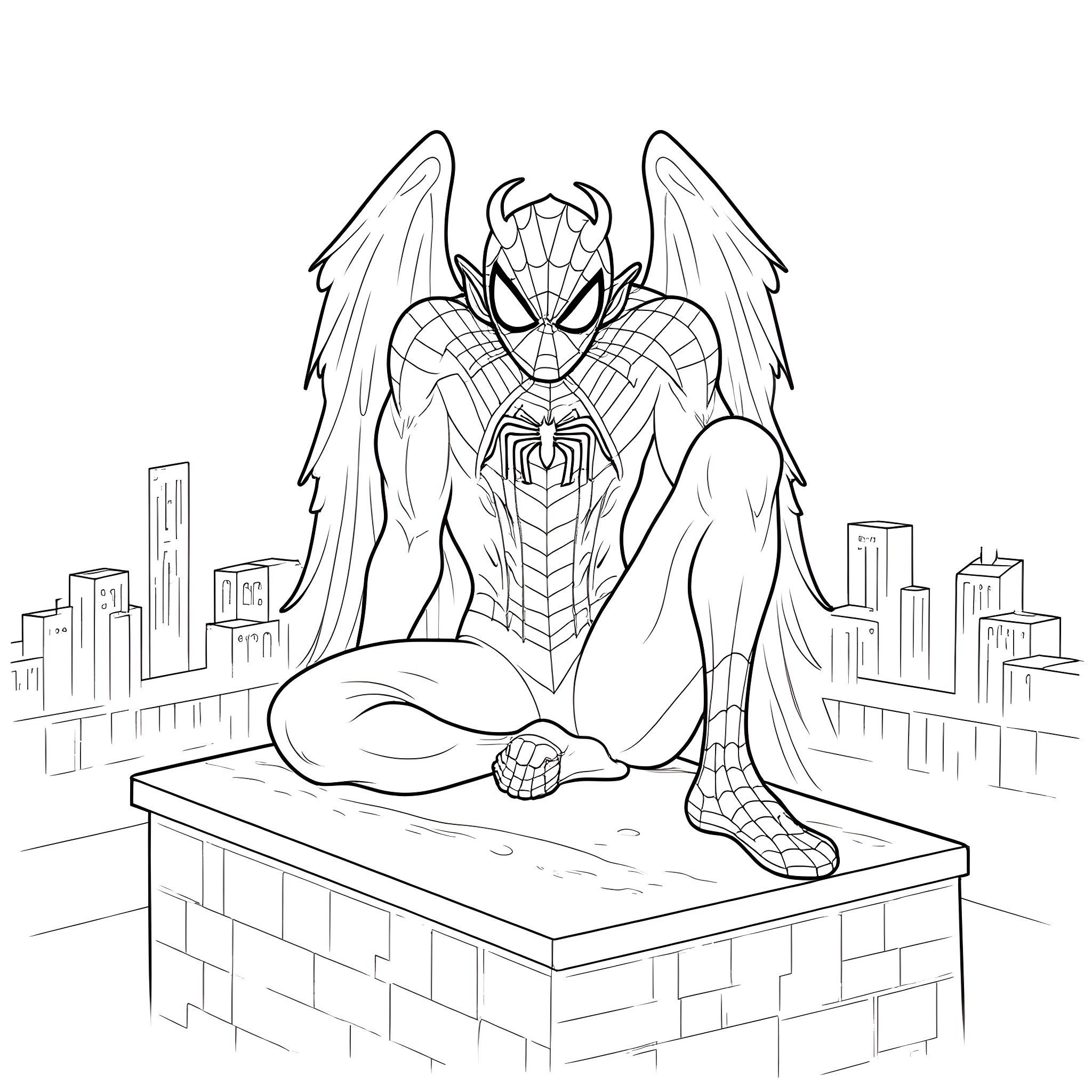 Spiderman sitting in a contemplative pose against a cityscape Coloring Page (free black-and-white line drawing printable PDF for all, from beginners to advanced learners, including children, teens, adults, and seniors)