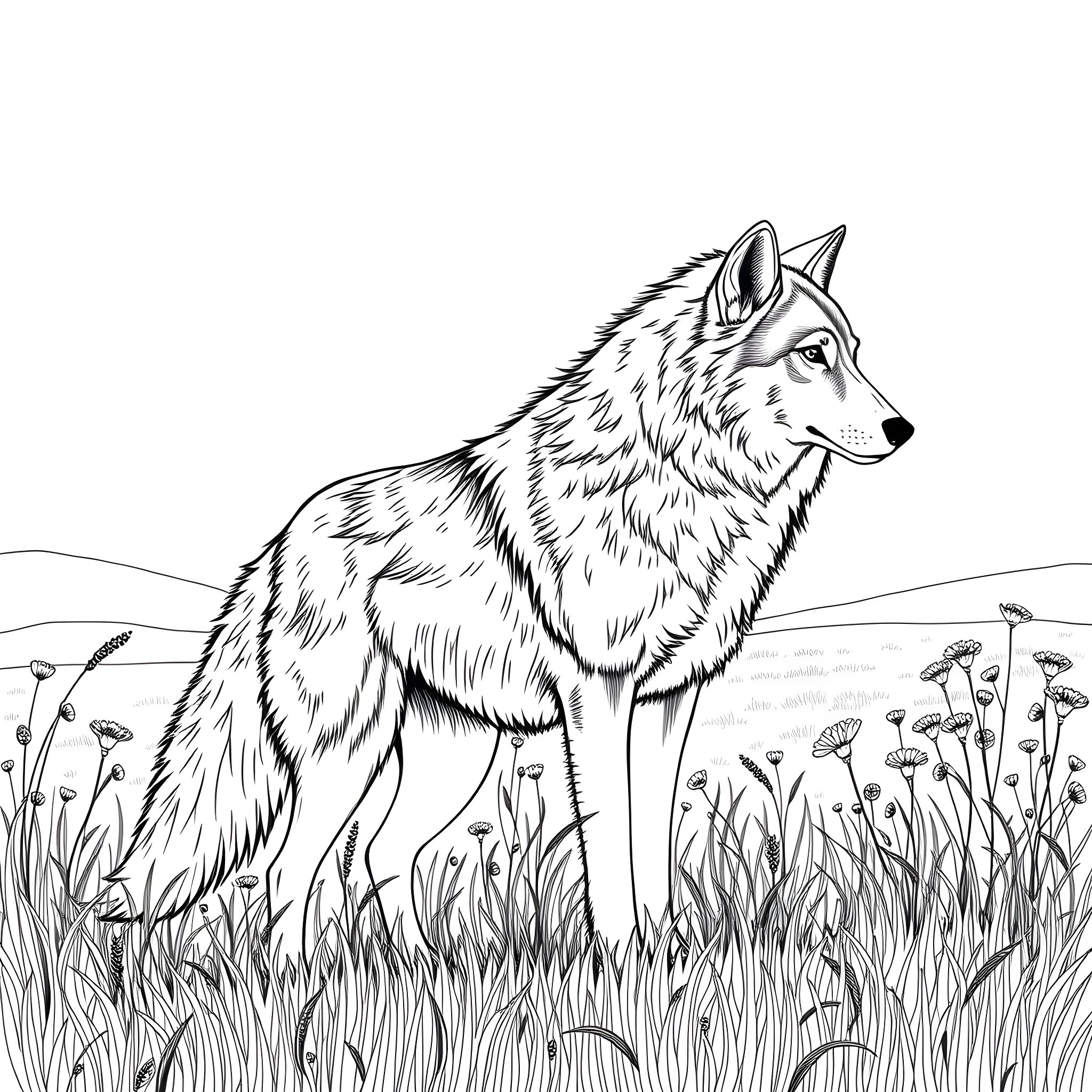 Wolf Amid Flowers in Grass Meadow Coloring Page (free black-and-white line drawing printable PDF for all, from beginners to advanced learners, including children, teens, adults, and seniors)