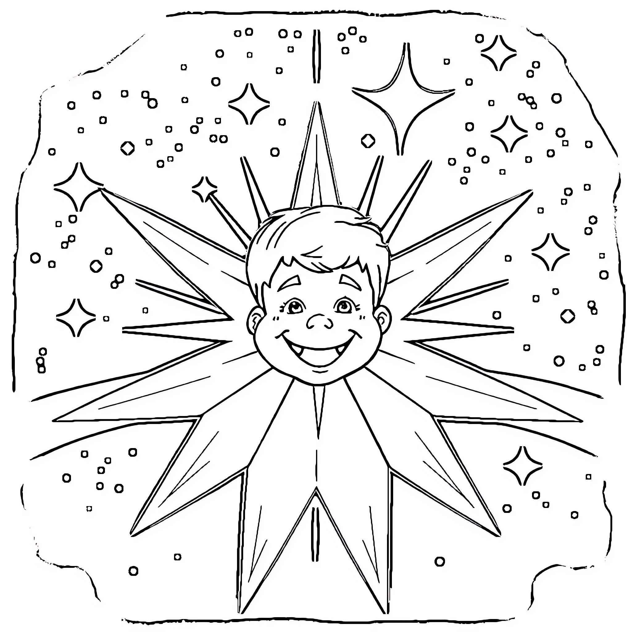 Star-Filled Sky with Smiling Sun Figure Coloring Page (free black-and-white line drawing printable PDF for all, from beginners to advanced learners, including children, teens, adults, and seniors)