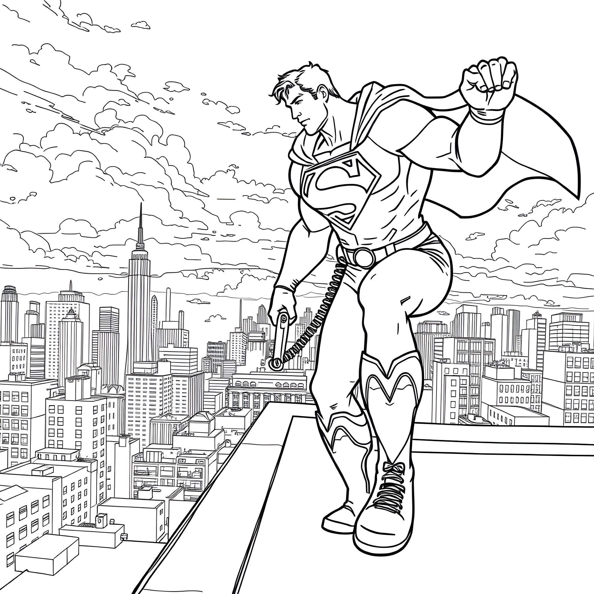 Superman soaring above the city skyline Coloring Page (free black-and-white line drawing printable PDF for all, from beginners to advanced learners, including children, teens, adults, and seniors)