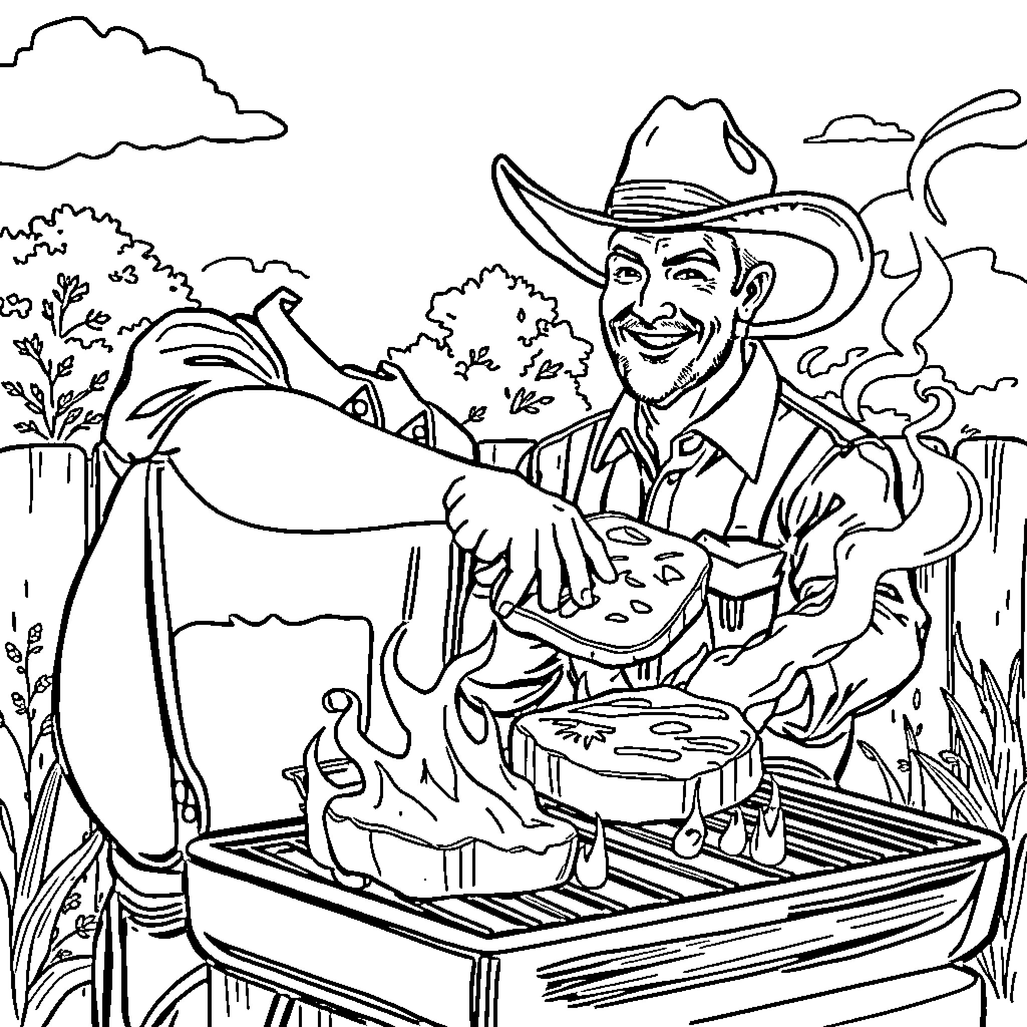 Man barbecuing outdoors on a sunny day Coloring Page (free black-and-white line drawing printable PDF for all, from beginners to advanced learners, including children, teens, adults, and seniors)