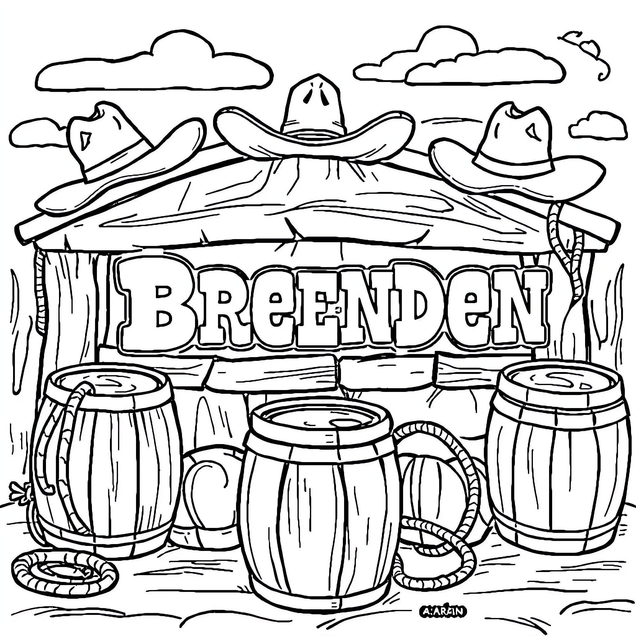 Western cowboy scene with wooden barrels and hats Coloring Page (free black-and-white line drawing printable PDF for all, from beginners to advanced learners, including children, teens, adults, and seniors)