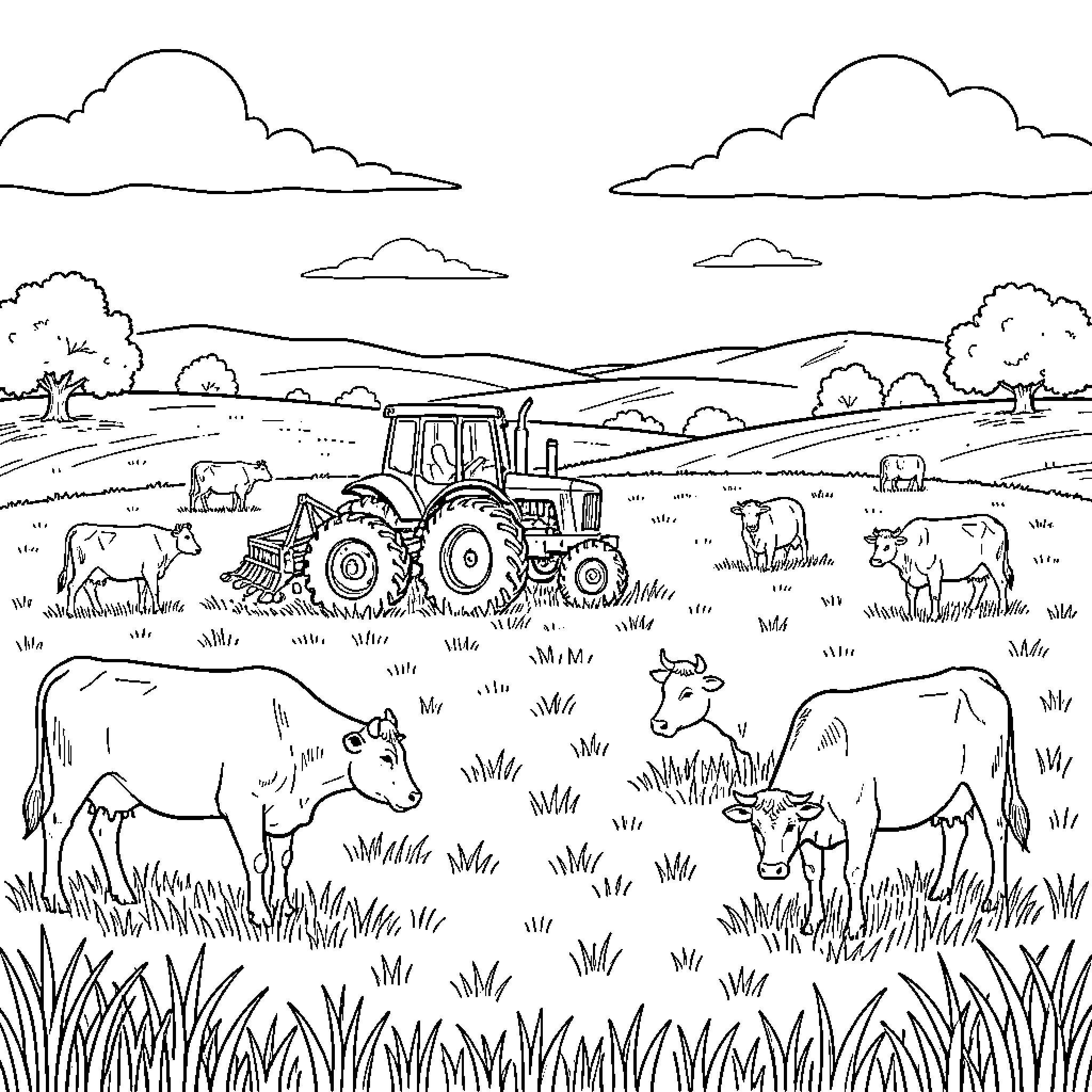 Tractor working in a field surrounded by grazing cows Coloring Page (free black-and-white line drawing printable PDF for all, from beginners to advanced learners, including children, teens, adults, and seniors)