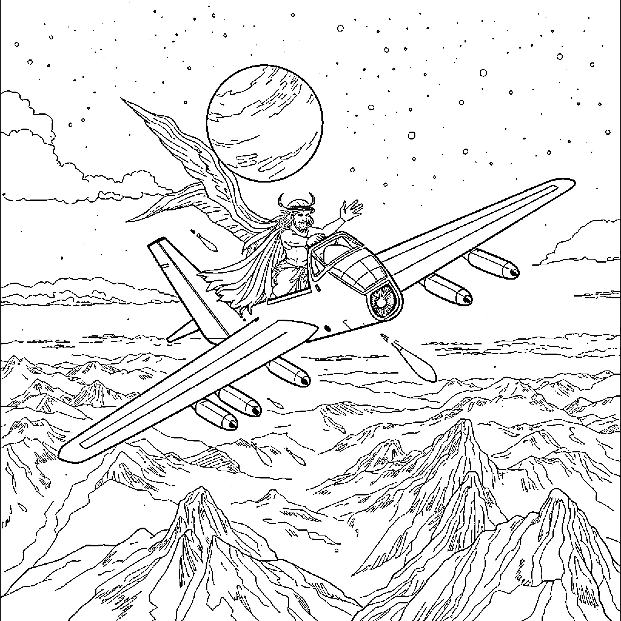 Uranus explorer soaring through the cosmic skies Coloring Page (free black-and-white line drawing printable PDF for all, from beginners to advanced learners, including children, teens, adults, and seniors)