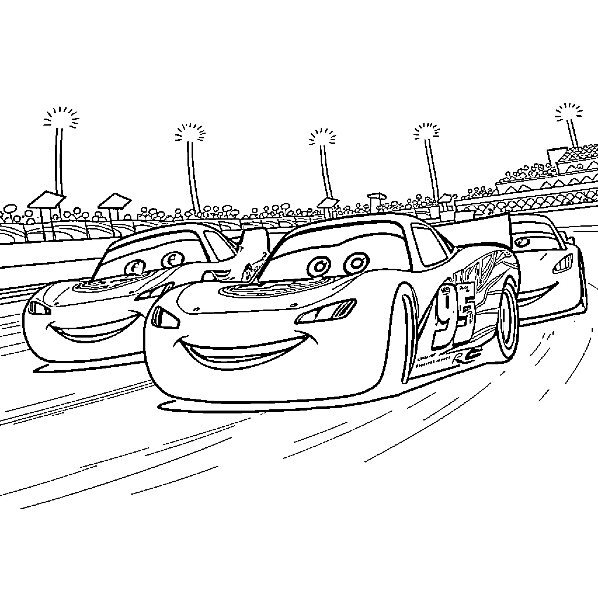 Cars racing excitedly on the track Coloring Page (free black-and-white line drawing printable PDF for all, from beginners to advanced learners, including children, teens, adults, and seniors)